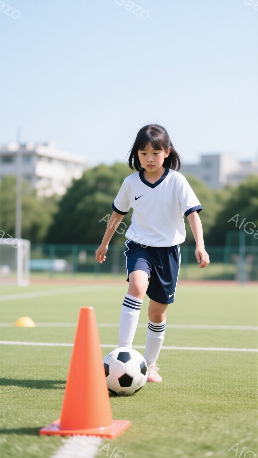 茶髪の少女がサッカーのドリブル練習をしている様子が写っている。白い半袖シャツと紺色の短パン、白いソックスを履いており、ピンク色のスパイクシューズを履いている。背景には緑の芝生、オレンジ色のコーン、そして遠くに見える建物があり、晴天の下で活気のある雰囲気が漂っている。