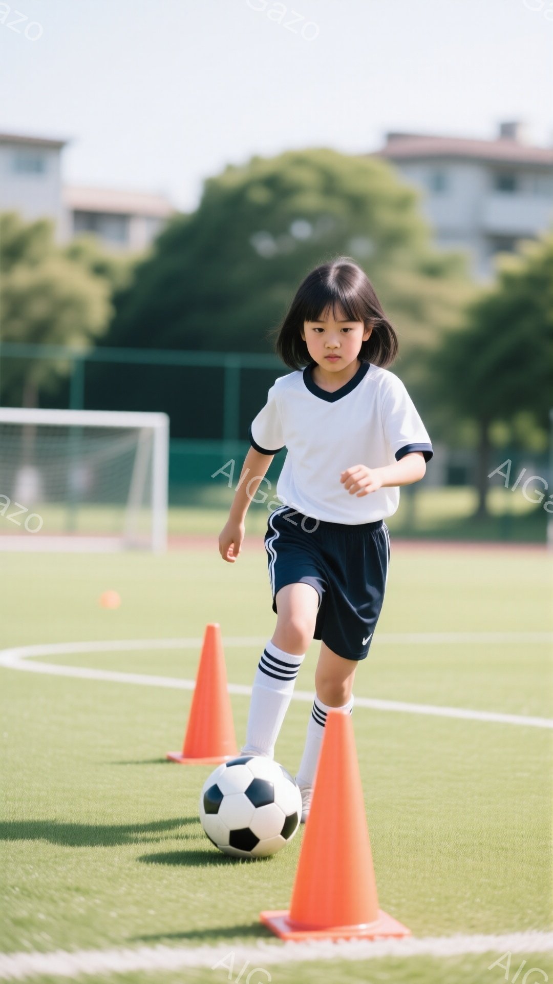 黒髪を短く切った少女が、緑の人工芝のサッカー場をドリブルしている。白い半袖シャツと紺色のショートパンツ、白いソックスに縞模様が入ったスポーツウェア姿で、オレンジ色のコーンの間をボールを巧みに操っている - AI生成フリー素材