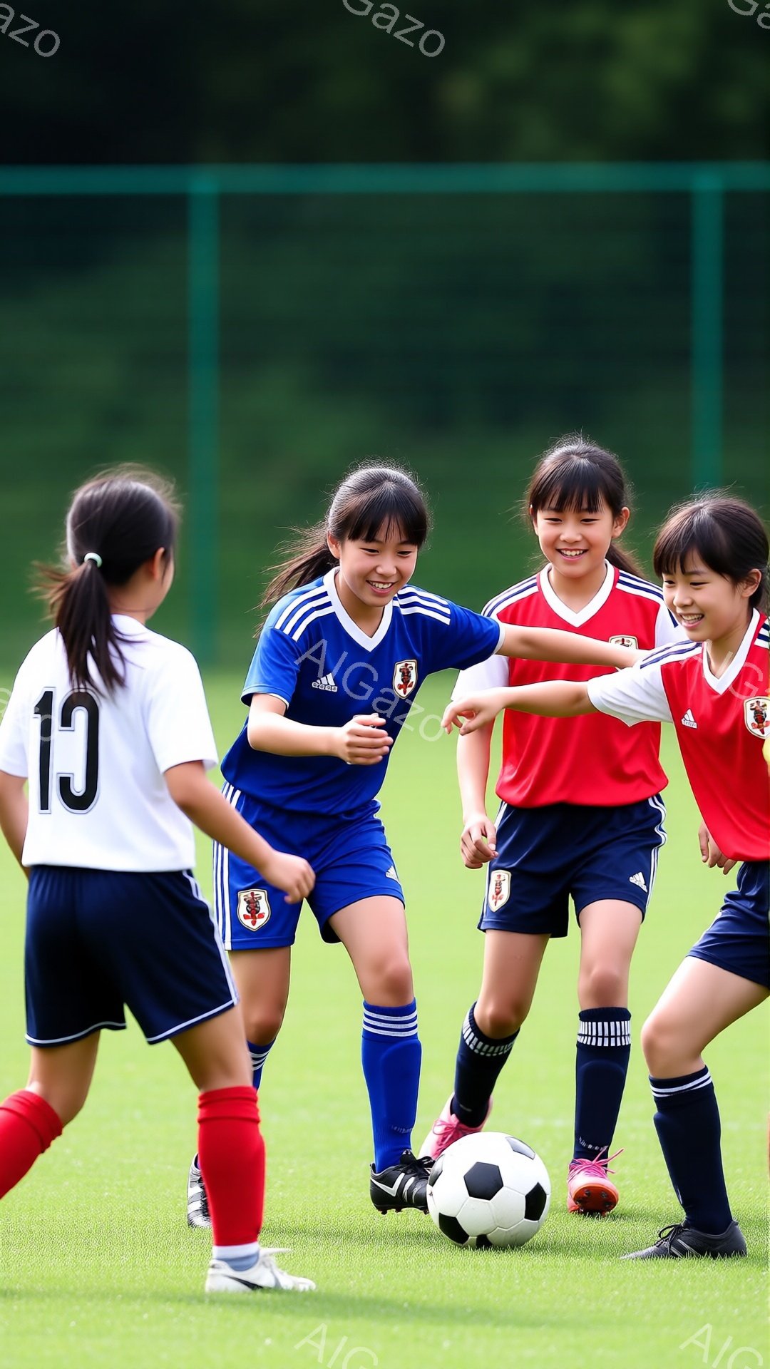 三人の少女がサッカーの試合中であり、ボールをめぐって競り合っている様子が写っている。青、赤、白のユニフォームを着ており、それぞれ顔には笑顔が見られる。背景には緑の芝生とフェンスがあり、晴れた日の屋外での活動であることがわかる。