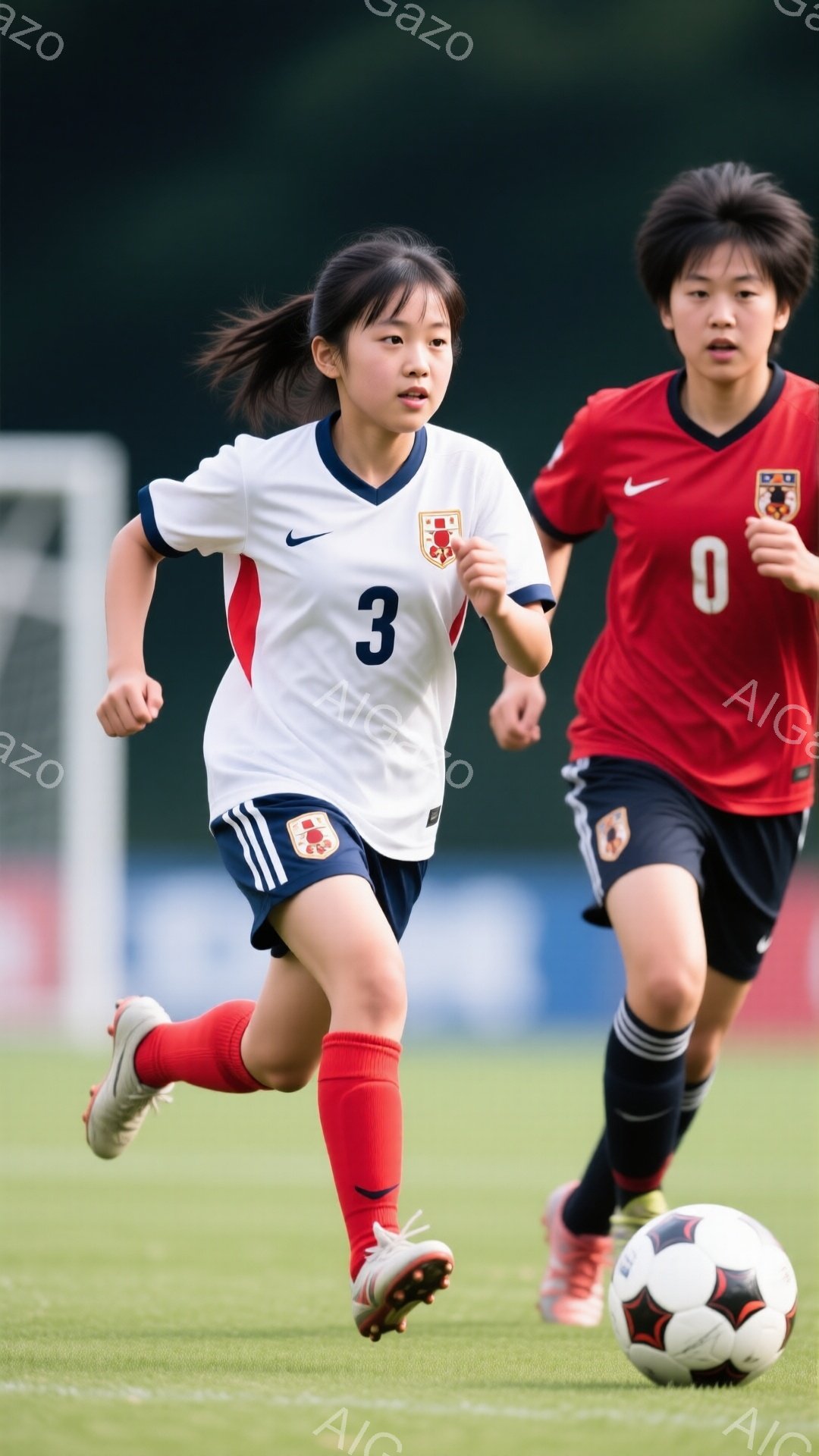 鮮やかな緑の芝生の上を、日本のユニフォームを着た若い女性サッカー選手が走っている。白いユニフォームの選手は三番の背番号をつけ、ポニーテールで髪を結い、真剣な表情でボールを追いかけている。背景にはぼやけた建物と、他の選手（赤いユニフォームを着た選手）が見え、試合の熱気を感じさせる。
