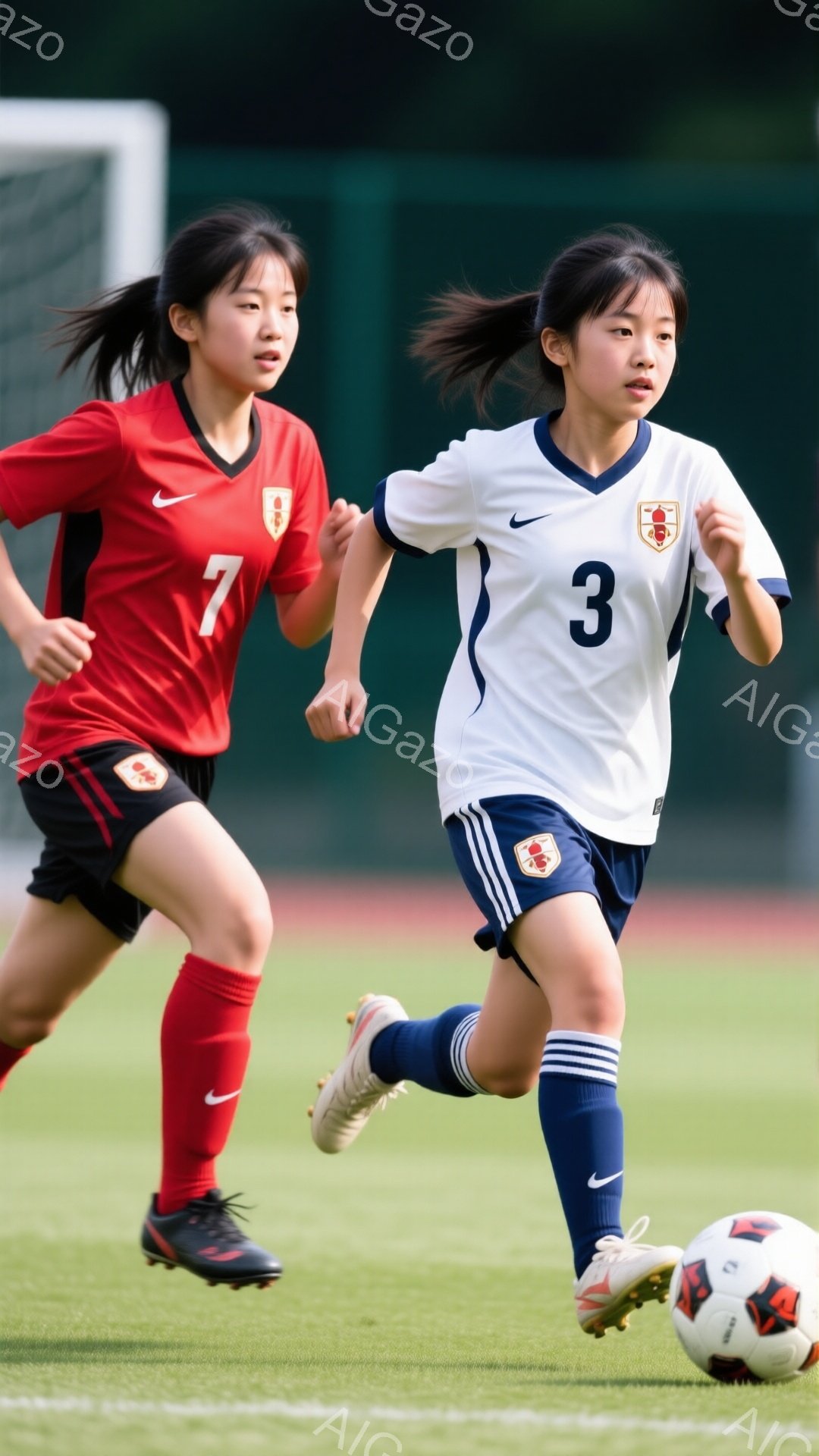 2人の若い女性サッカー選手が緑の芝生の上を走っている。一人は赤いユニフォームと黒いヘアスタイルで、もう一人は白いユニフォームにポニーテールをしている。背景には緑の芝生とぼやけた観客席が見え、晴れた日の活気あるサッカーの試合の雰囲気が伝わってくる。