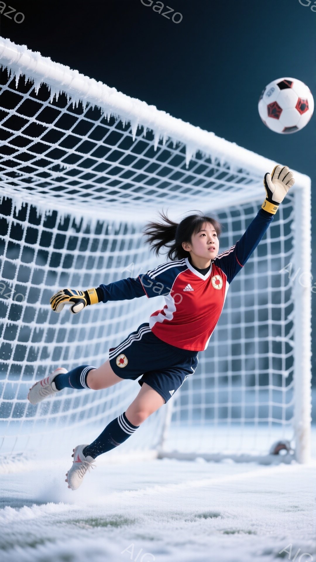 雪景色の中で、日本のユニフォームを着た若い女性ゴールキーパーが、ボールをキャッチするためにダイブしています。彼女は、黒いヘアバンドでまとめた髪、集中した表情、そして動きに合わせて体が伸びきったダイナミックな姿勢をしています。背景には、雪で覆われたサッカーゴールと、白く輝く雪景色が広がっており、冬の厳しい環境下でのスポーツの情熱が感じられます。