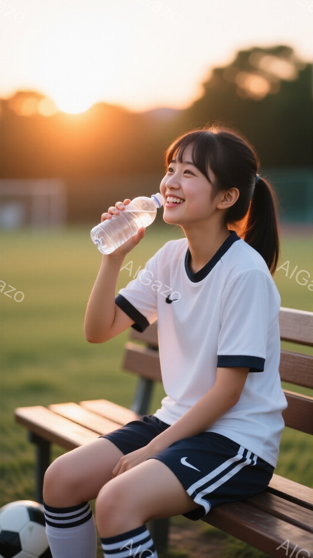 明るい笑顔を浮かべた若い女性が、サッカーの練習後か試合後にベンチに座って水を飲んでいます。彼女は白い襟付きの半袖シャツ、黒いショートパンツ、膝丈のストライプ柄ソックスを着用し、髪はポニーテールにしています。背景には緑の芝生とぼやけたサッカー場があり、夕焼けの光が柔らかく差し込んでおり、全体的に爽やかで活気のある雰囲気が漂っています。