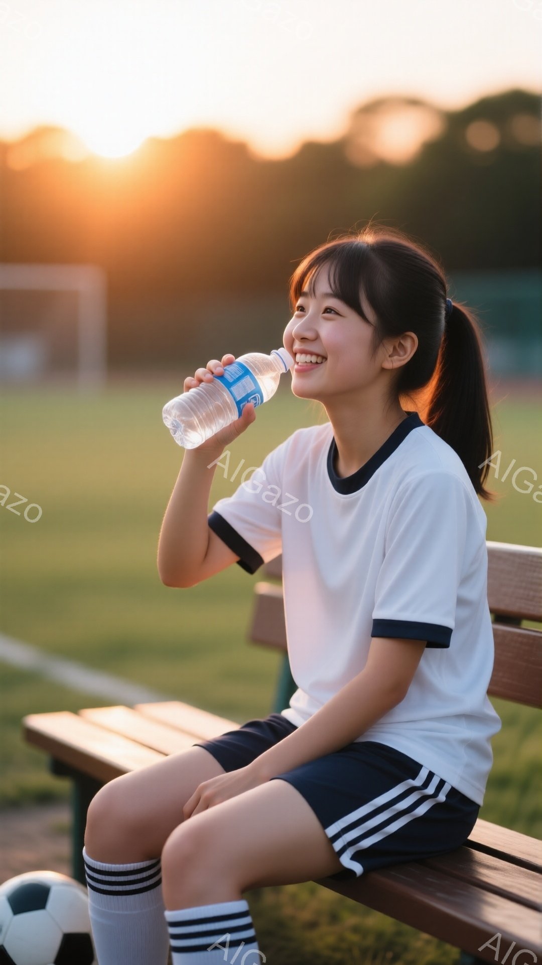 若い女性がサッカーの試合後か休憩中にベンチに座って水を飲んでいます。彼女は白いストライプの入ったスポーツウェア、ショートパンツ、ハイソックスを身に着け、髪はポニーテールにしています。背景には緑の芝生と太陽が沈みかけている空が見え、温かく穏やかな雰囲気が漂っています。