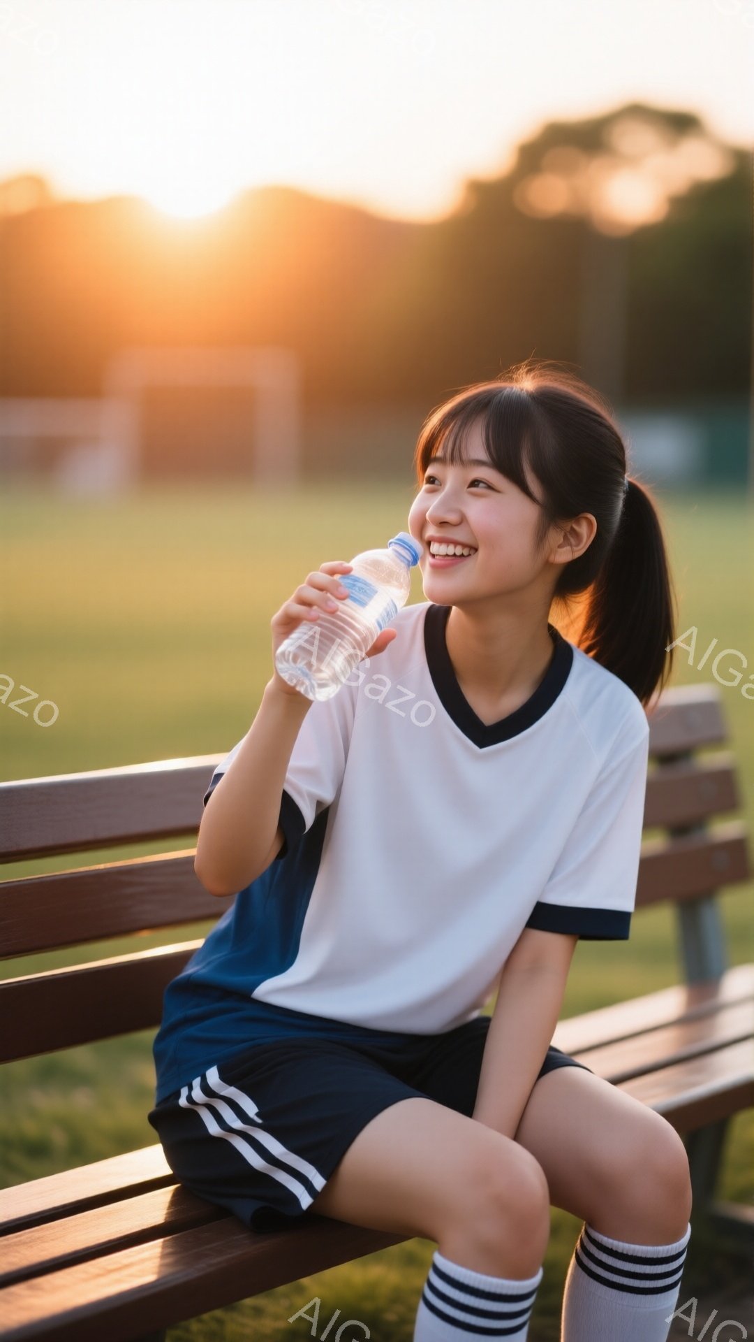 少女は、白いシャツに紺色のショートパンツ、ストライプのソックスを履いて、公園のベンチに座っています。彼女は笑顔で水筒から水を飲み、少し横を向いてリラックスした様子です。背景には緑の芝生と木々が見え、夕 - AI生成フリー素材