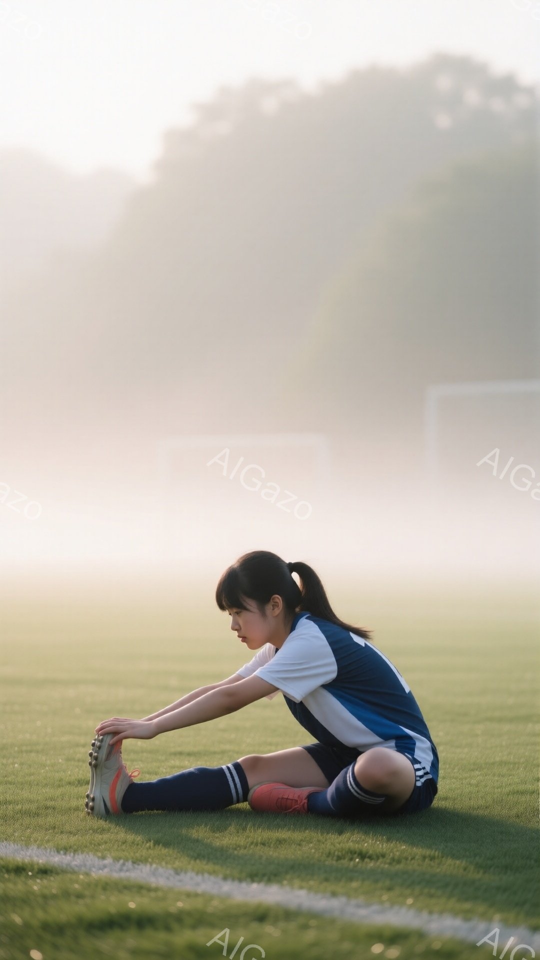 少女はサッカーコートの緑の芝生の上に座り、片足を伸ばしてストレッチをしている。彼女は紺と白のストライプのシャツ、黒いショートパンツ、赤いソックス、スパイクを履いており、髪はポニーテールに結んでいる。背景は霧に包まれ、ぼんやりとゴールが見え、全体的に静かで集中した雰囲気である。