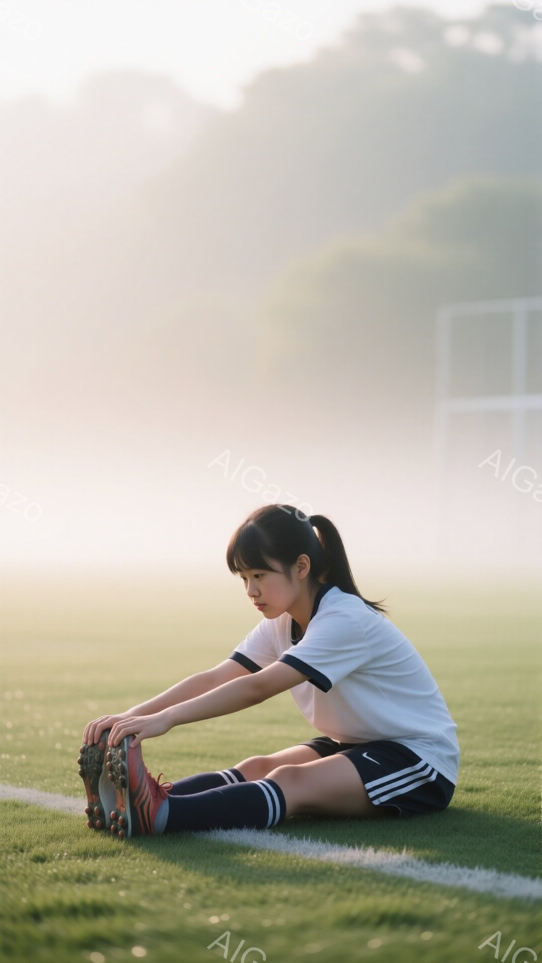 黒髪をポニーテールにした若い女性が、緑の芝生の上で前屈をしている。白いストライプ入りのシャツと黒いショートパンツ、赤い靴下とスパイクを履いており、スポーツウェア姿である。背景には薄い霧がかかったサッカー場があり、遠くに建物が見え、早朝や夕暮れ時の穏やかな雰囲気を醸し出している。
