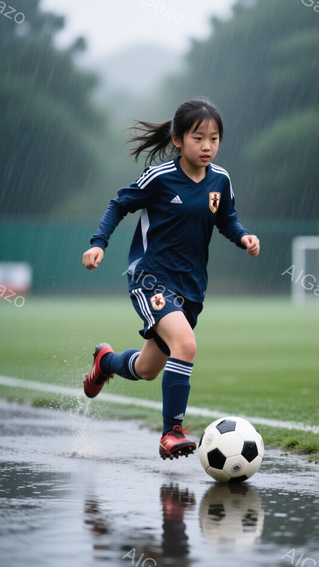 紺色のサッカーユニフォームを着た少女が、雨の降るサッカー場でボールをドリブルしている。髪はポニーテールにされ、集中した表情でボールを見つめながら前へ進んでいる。背景には緑の芝生と雨で濡れたグラウンドが広がり、全体的に活気のある運動風景が表現されている。