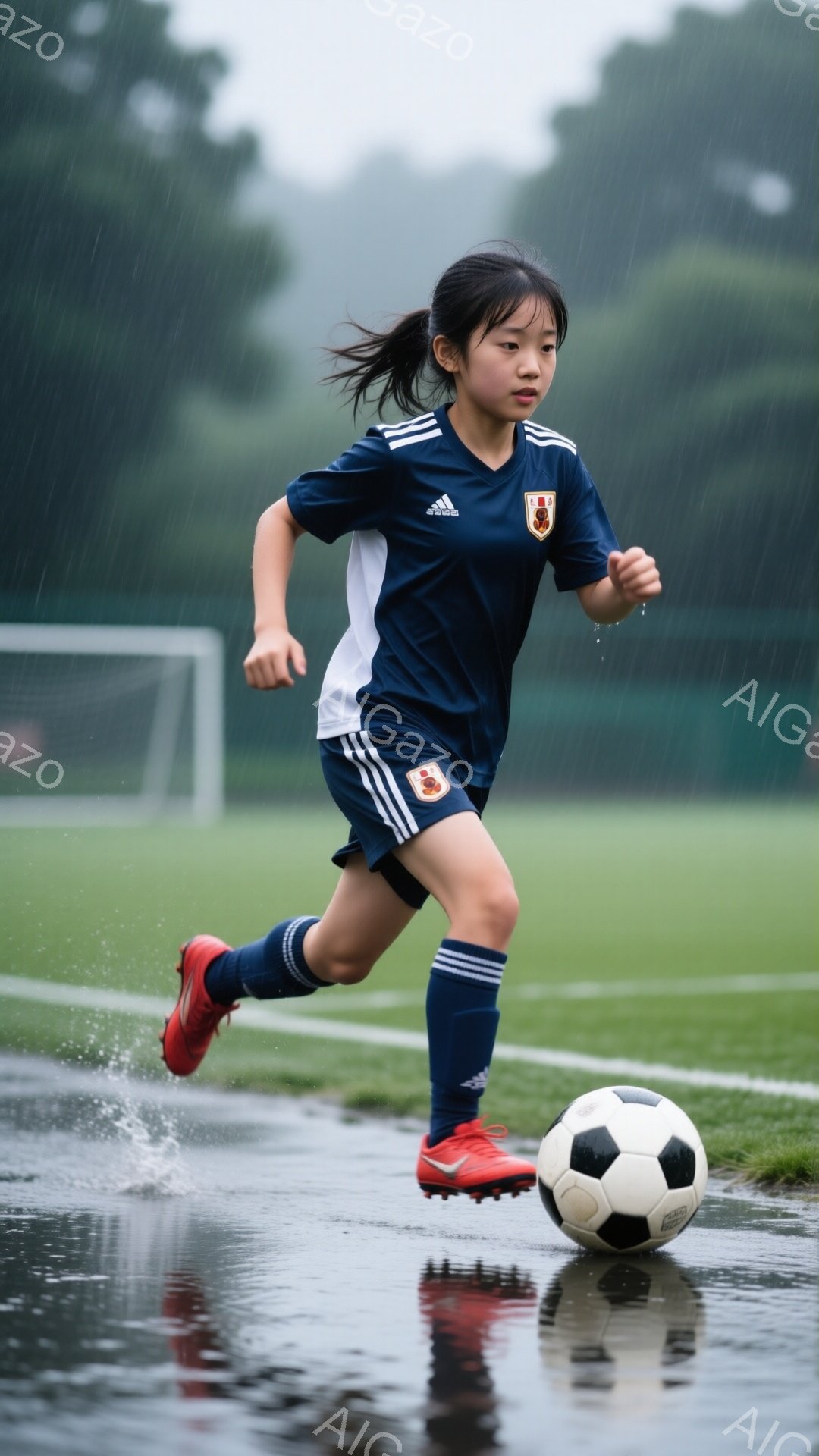 少女は紺と白のサッカーユニフォームを着用し、赤いソックスとスパイクを履いて雨の中を走り、ボールをドリブルしている。彼女はポニーテールにしており、少し真剣な表情で、足元にできる水しぶきが躍動感を強調している。背景には緑の芝生と雨で濡れたサッカー場があり、全体的に活気のあるスポーティーな雰囲気が漂う。