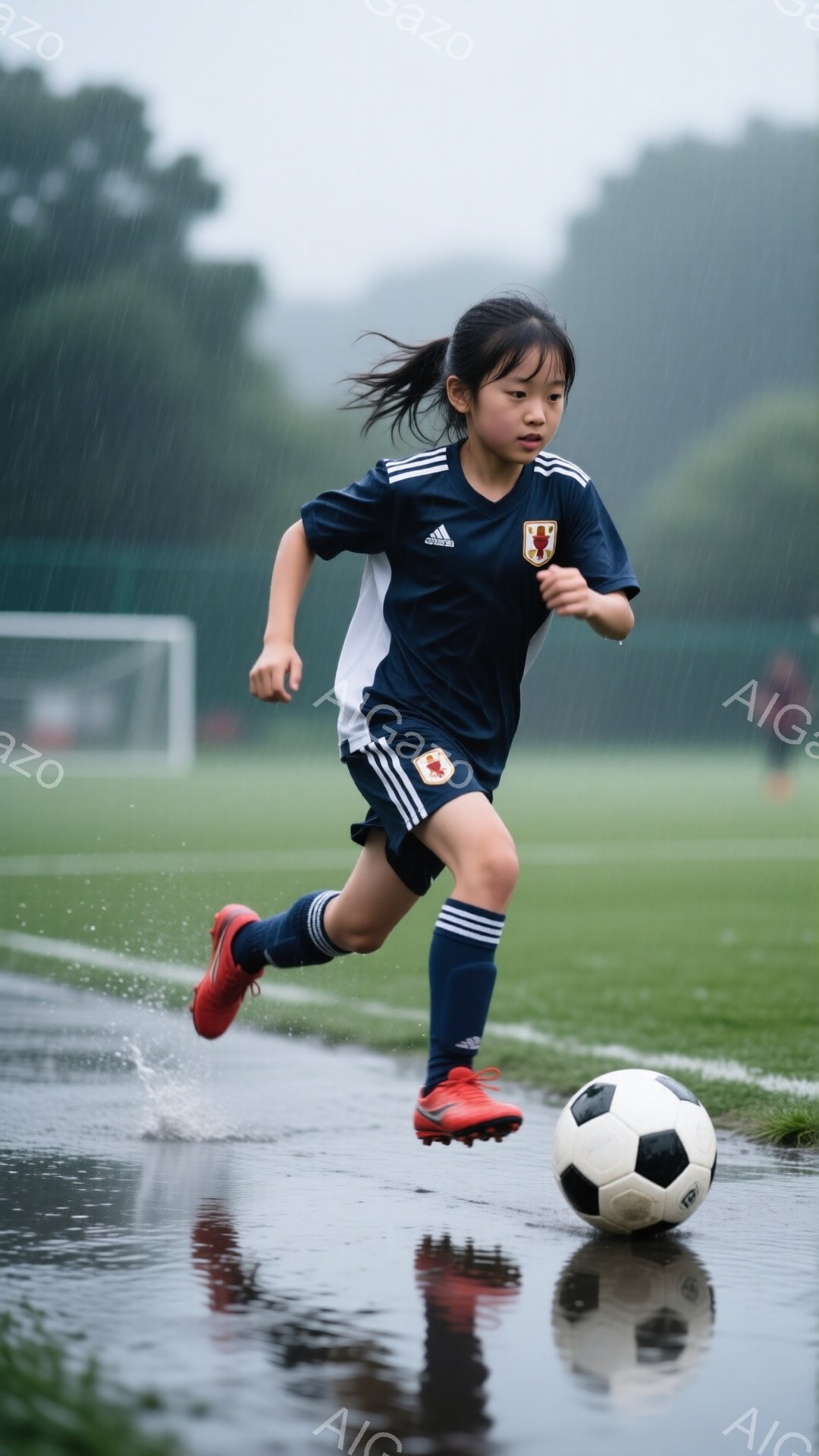 雨の中、紺色のサッカーユニフォームを着た少女がボールを追いかけて走っている。彼女は長い髪をポニーテールにしており、集中した表情で、泥水が跳ねるグラウンドを赤いスパイクシューズで疾走している。背景には緑の芝生とぼやけたサッカーゴールが見え、全体的に活気があり、運動的な雰囲気が漂っている。