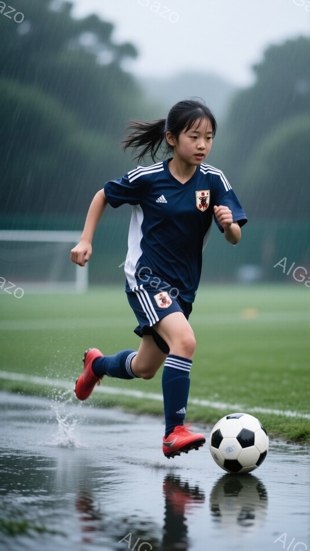 紺色のサッカーユニフォームを着た少女が、雨中のサッカー場でボールをドリブルしている。彼女はポニーテールで、集中した表情で前を見据え、赤いサッカーシューズを履いている。背景は緑の芝生と雨で濡れたグラウンドで、全体的にダイナミックで活気のある雰囲気が漂う。