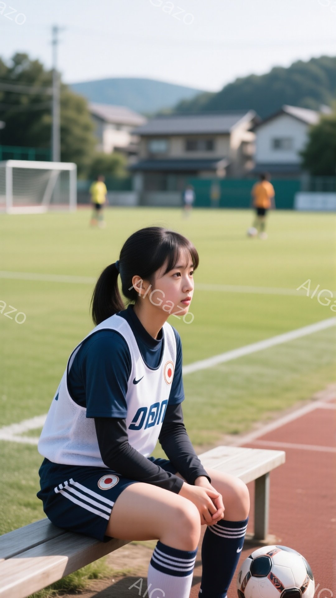 サッカー場の一角に座る女性が写っている。彼女は紺色の長袖シャツに白いベスト、黒のショートパンツ、ハイソックスを着用しており、三つ編みのヘアスタイルで、少し憂いを帯びた表情をしている。背景には緑の芝生、トラック、遠くの建物が見え、晴れた日の穏やかな雰囲気が感じられる。