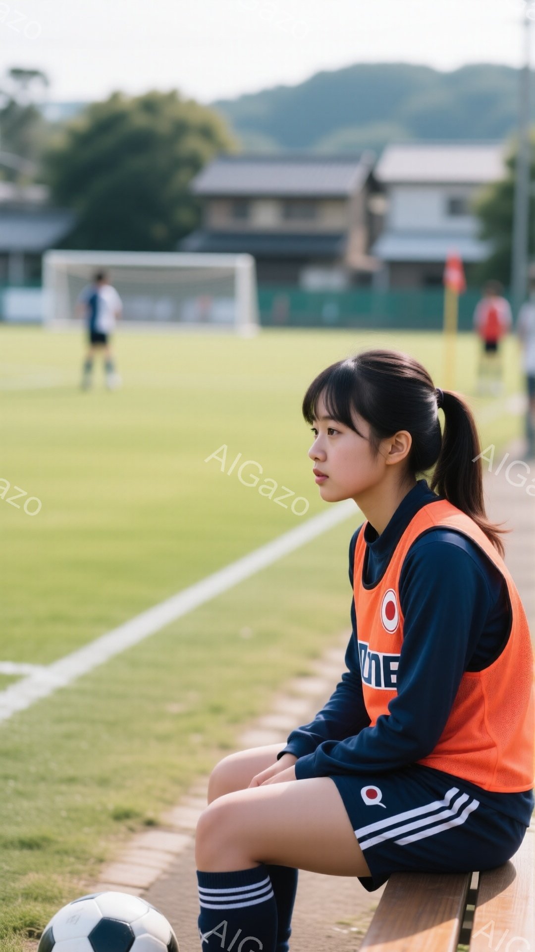 サッカー場のベンチに座る若い女性が写っている。彼女は紺色の長袖シャツにオレンジ色のベスト、白いストライプの短パン、黒いソックスを履いている。背景には緑の芝生、サッカーゴール、そして遠くの山々と建物が見 - AI生成フリー素材