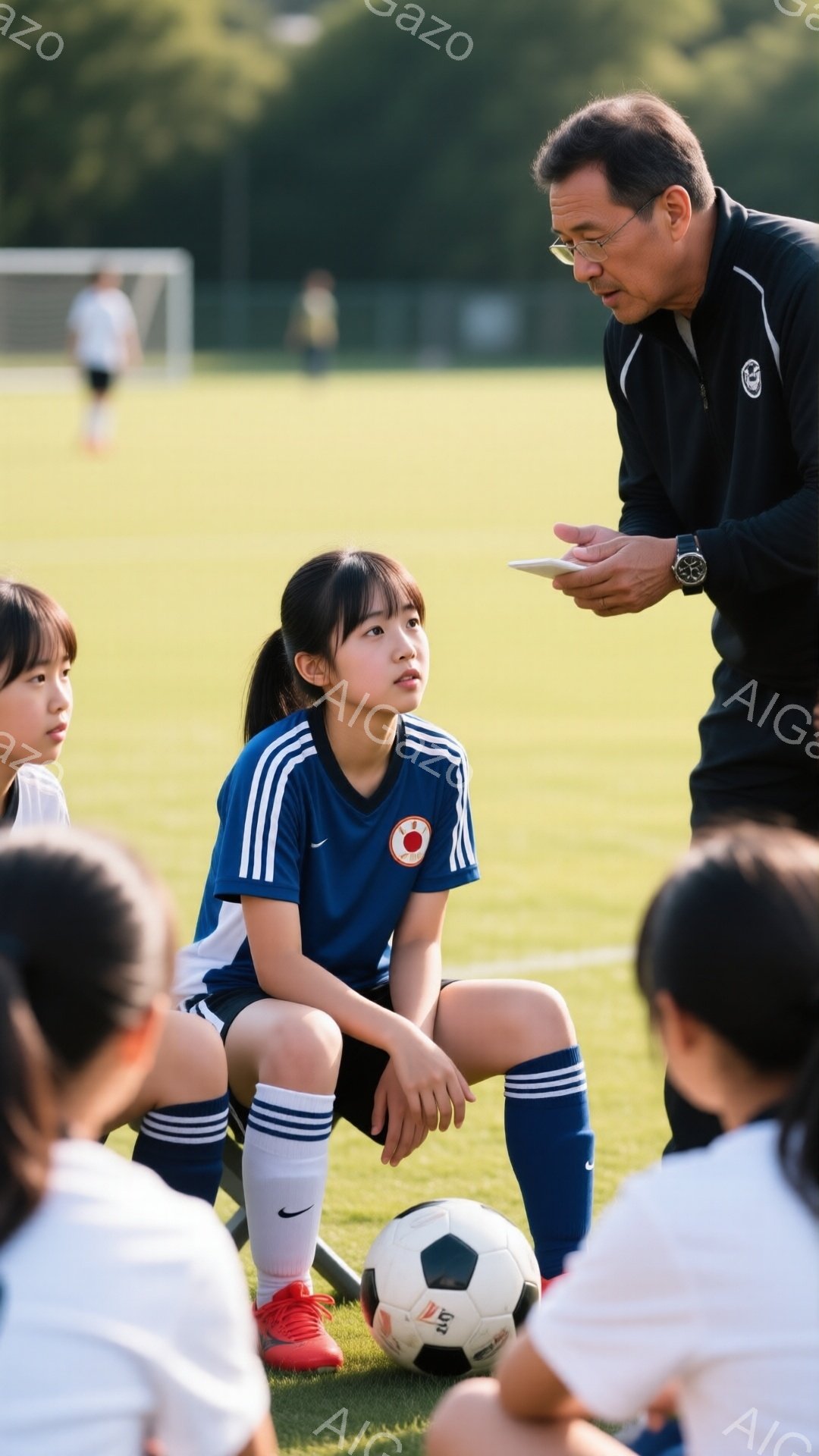 少女たちは青いユニフォームと白いソックスを着用し、緑の芝生の上に座ってサッカーボールに囲まれています。一人の少女は赤いシューズを履き、少し上を見てコーチの話を聞いています。背景には緑豊かな自然が広がり、晴れた日のサッカー練習風景が描かれています。