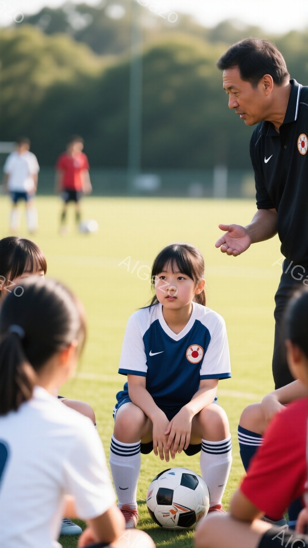 サッカーの練習風景で、紺色のユニフォームを着た少女が、膝を曲げて座り、サッカーボールを見つめている。指導者と思われる男性が彼女に何かを説明している様子で、周りには他の少女たちも同じように座って話を聞いている。背景は緑の芝生が広がるサッカー場であり、晴れた日の練習の光景が伝わってくる。