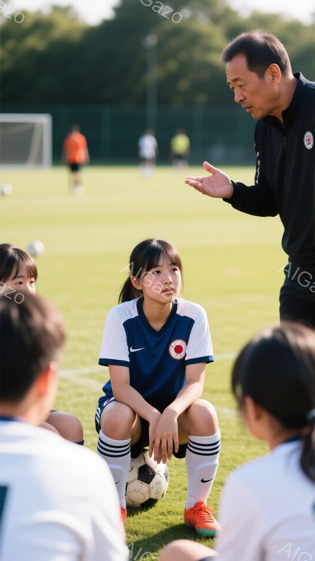 少女たちはサッカーの練習中に地面に座り、真剣な表情でコーチの話を聞いています。紺色のユニフォームと白いストライプの入ったソックス、オレンジ色のスパイクを着用しており、一人の少女は三つ編みの髪をしていま - AI生成フリー素材