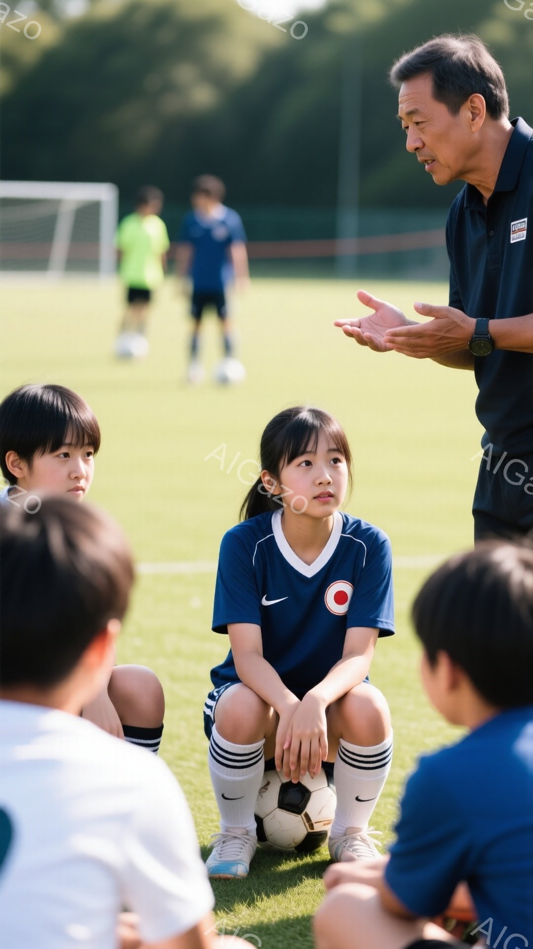 青いサッカーユニフォームを着た少女が、膝を抱えて座り、少し不安そうな表情でコーチの話を聞いています。コーチは紺色のポロシャツを着て、身振り手振りを交えながら説明しており、背景には緑のサッカー場と他の子供たちがぼんやりと見えます。全体的に、練習中にコーチからの指導を受けている、集中した雰囲気の場面です。