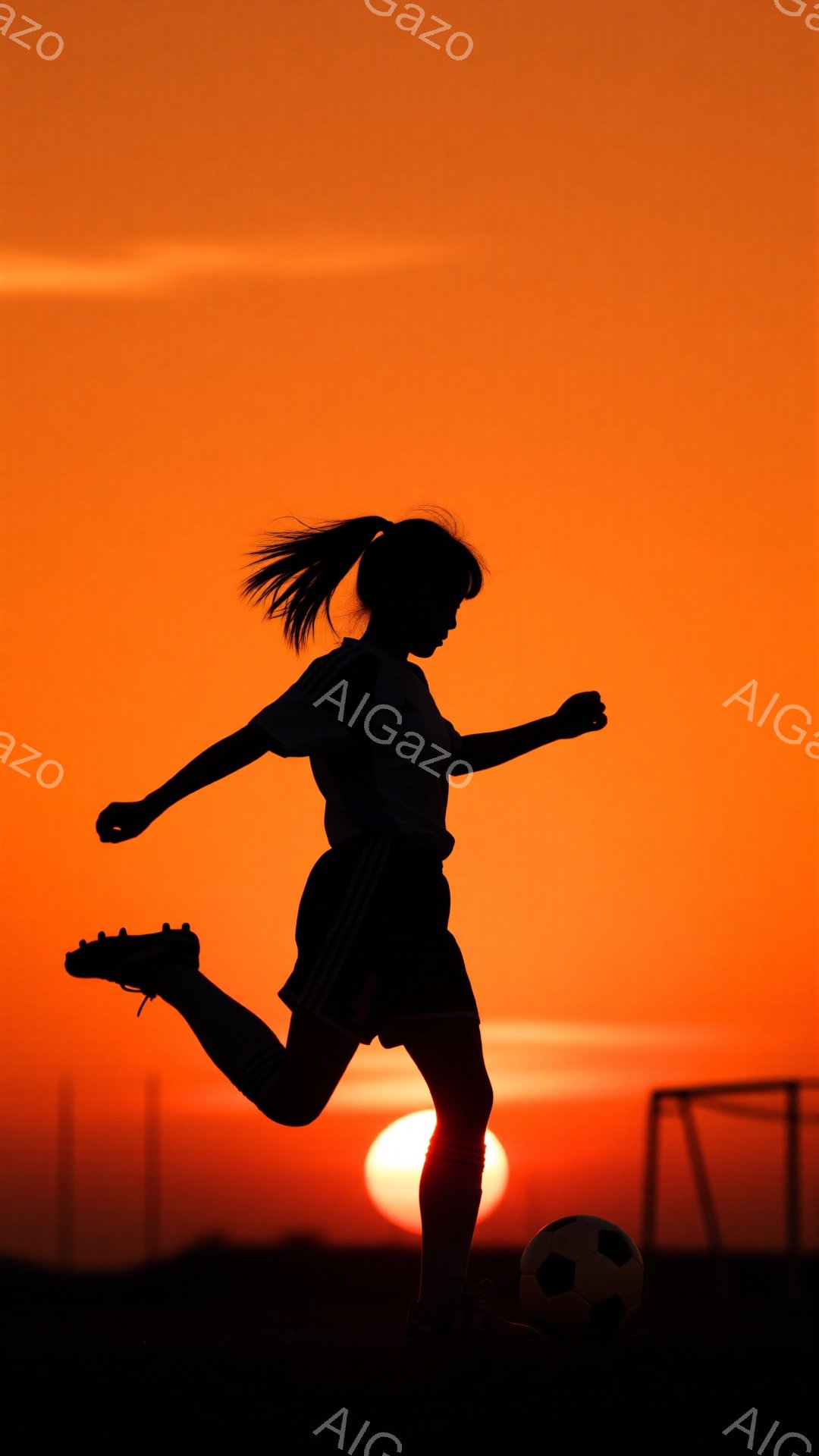 少女が夕焼けを背景にサッカーボールを蹴るシルエットが印象的だ。彼女はポニーテールで、スポーツウェア姿で、片足を高く上げてボールを蹴る動作をしている。背景にはゴールネットがぼんやりと見え、オレンジ色の空 - AI生成フリー素材