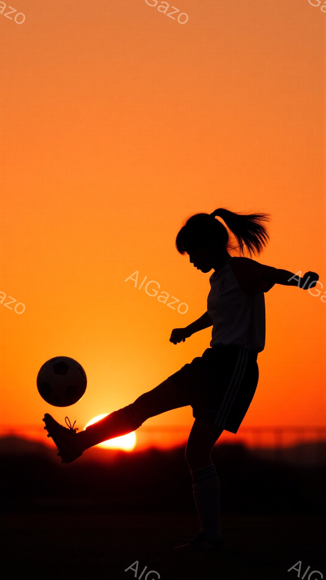 シルエットで描かれた少女が、夕焼けを背景にサッカーボールを蹴っている瞬間を捉えた写真です。彼女は白いシャツと黒いショーツ、ソックスを着用し、ポニーテールにしています。空は燃えるようなオレンジ色で、水平 - AI生成フリー素材