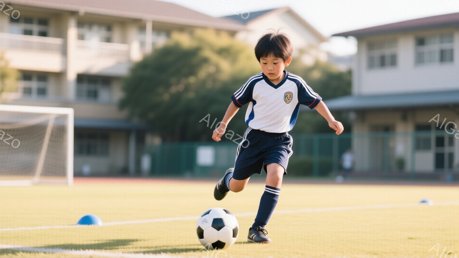 少年はサッカーボールをドリブルしながら走っている。白地に青のラインが入ったサッカーユニフォーム、紺色の短パン、ソックス、サッカーシューズを身につけており、黒髪を短く切っている。背景には緑の芝生、サッカ - AI生成フリー素材