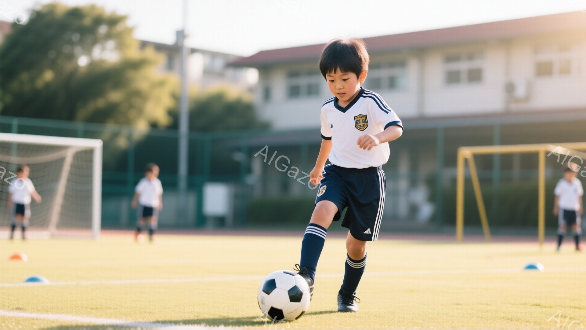 サッカー場で少年がボールをドリブルしている様子が写っている。少年は白と紺色のサッカーユニフォームを着用し、ショートヘアで、集中した表情でボールを見つめている。背景には他の少年たちやゴール、そして緑豊か - AI生成フリー素材
