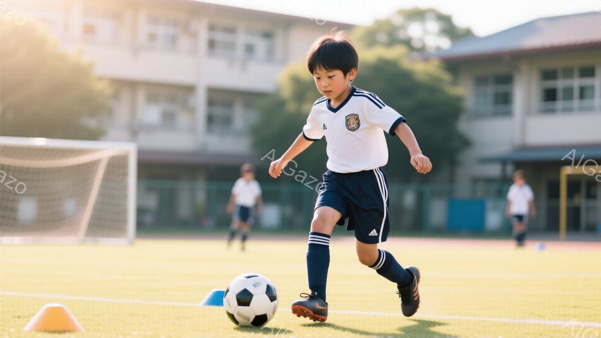 少年はサッカーボールをドリブルしながら、緑の芝生の上を走っている。白いシャツには青い装飾があり、青い短パンと白いソックス、黒いサッカーシューズを履いている。背景にはサッカーゴールと建物が見え、晴天の下 - AI生成フリー素材