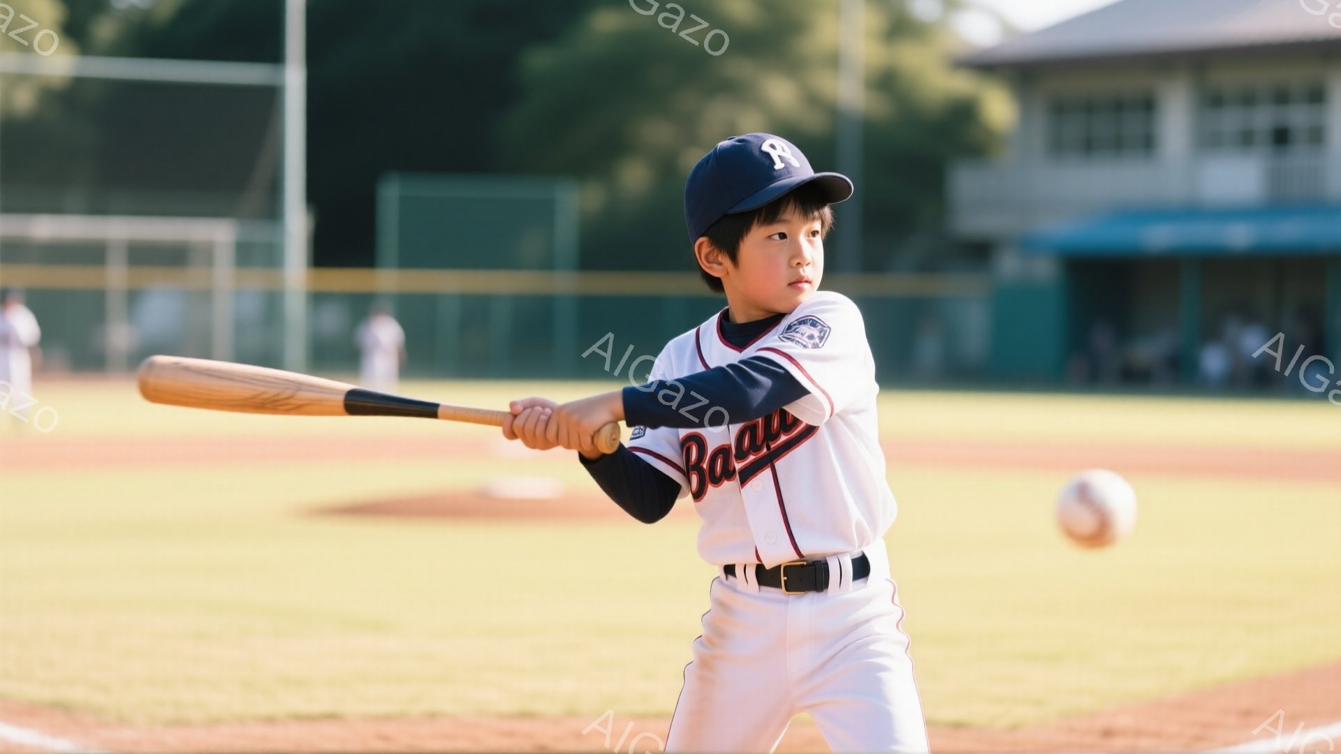 野球の少年がバッターボックスに立って、バットを構え、ボールを打とうとしている様子が写っている。彼は白と赤のストライプのユニフォームに、黒のベルト、そして紺色の帽子をかぶり、真剣な表情で打球を見つめてい - AI生成フリー素材