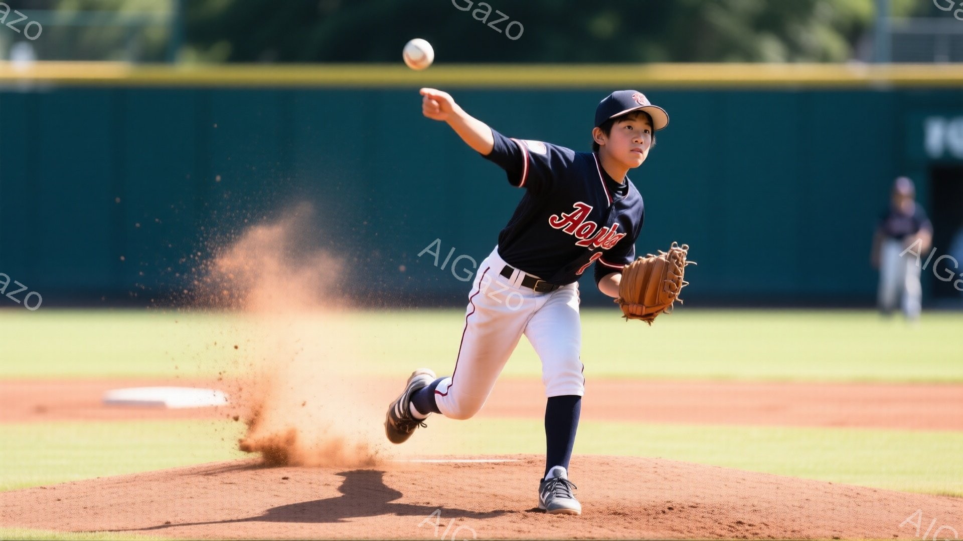 少年の野球選手が、ピッチャーマウンドで投球動作中です。紺色のユニフォームに赤い帽子を被り、力強くボールを投げようとしています。背景には緑の草地と観客席が見え、晴天の下、活気ある試合の様子が伝わってきま - AI生成フリー素材
