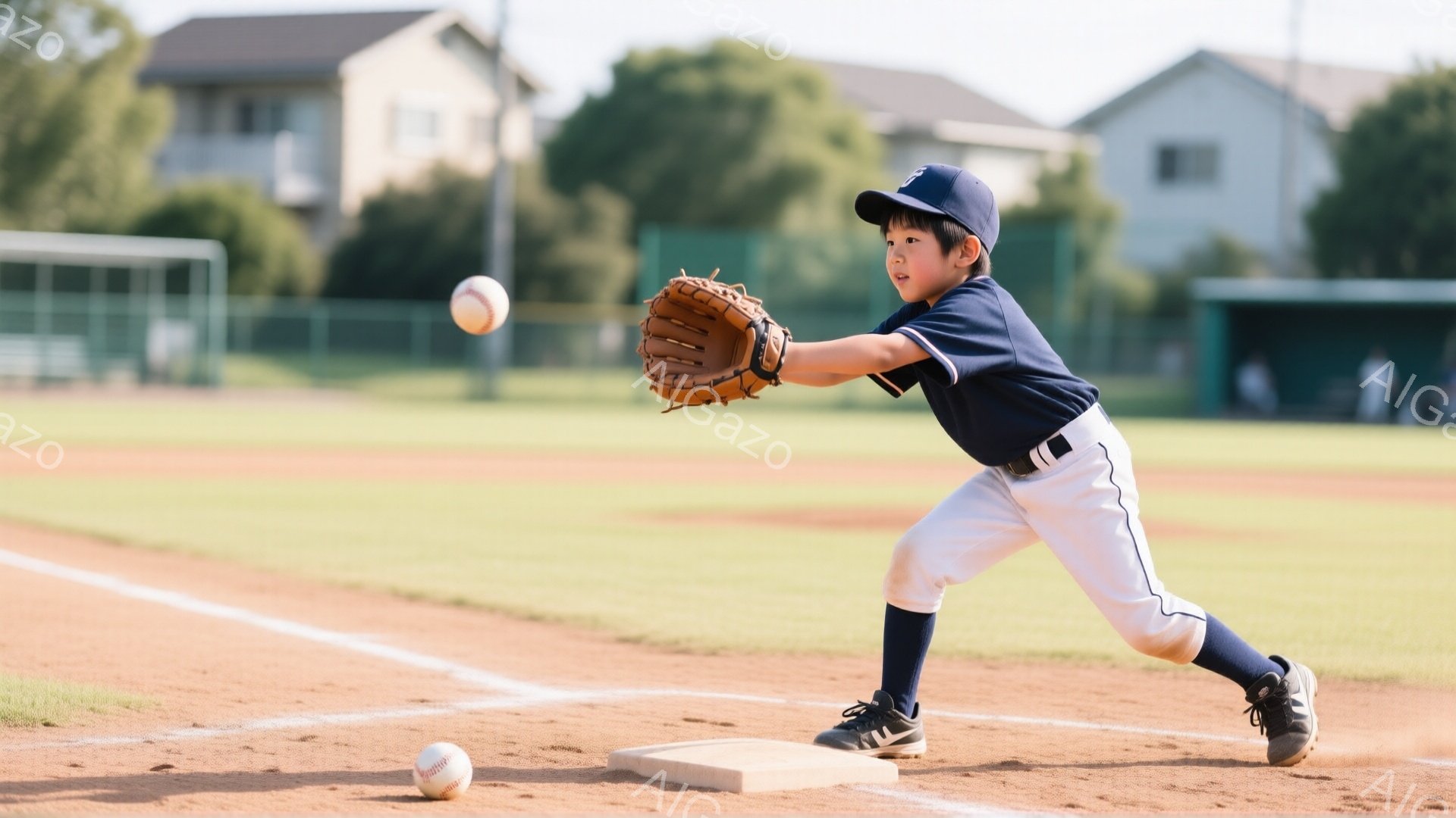 少年は野球のユニフォーム、キャップ、靴下を着用し、野球の練習をしているように見えます。彼はグローブを伸ばしてボールをキャッチしようとしており、真剣な表情をしています。背景には緑の芝生、土のフィールド、 - AI生成フリー素材