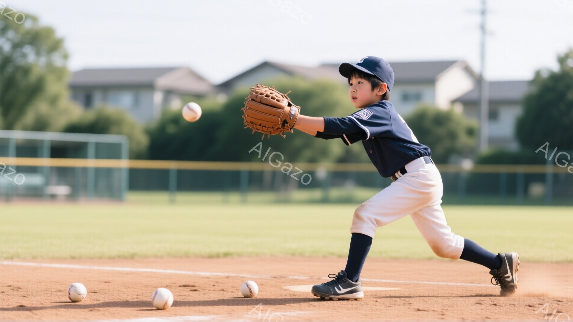 少年は野球の試合中に、土ぼこりを巻き上げながらボールをキャッチしようとしています。濃紺のユニフォーム、白いズボン、紺色の靴下を着用し、キャップを被っています。背景には緑の芝生、野球のバックネット、そし - AI生成フリー素材