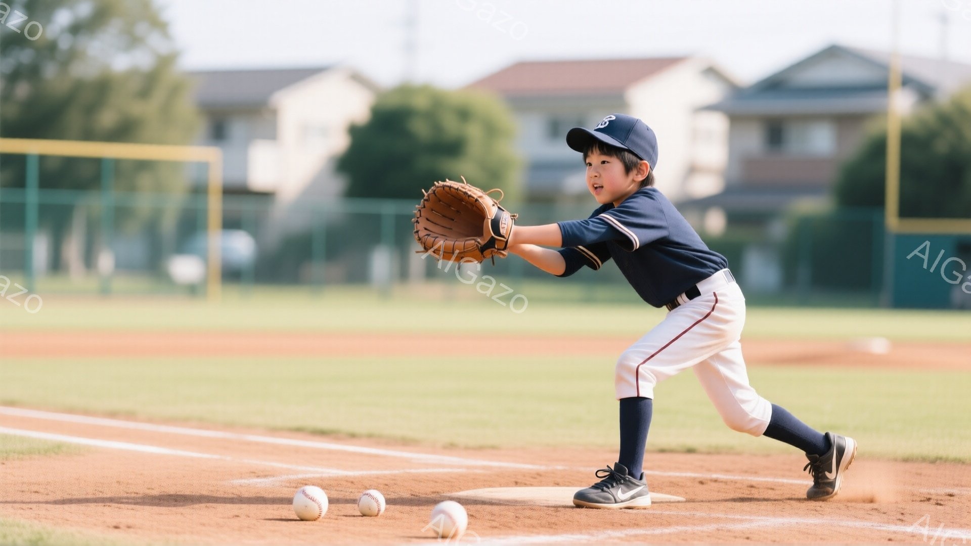 少年は野球場で膝をつき、グローブを前に突き出してボールを待ち構えています。紺色のユニフォームに白いライン、濃い青色の帽子と靴下を着用し、真剣な表情で次のプレーに集中しています。背景には緑豊かな芝生と木 - AI生成フリー素材