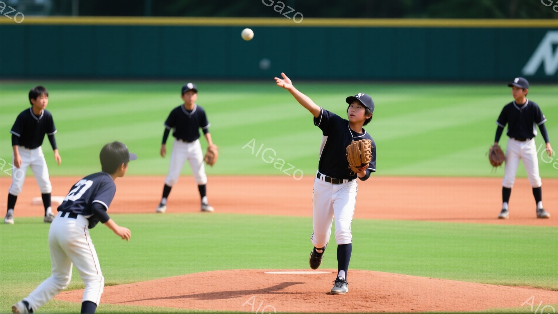 野球場で少年が投球のフォームに入っている写真です。黒いユニフォームと白いズボンを着用し、キャップを被っています。背景には緑の芝生と土のグラウンドが広がり、他の少年たちが守備の準備をしている様子が伺えま - AI生成フリー素材