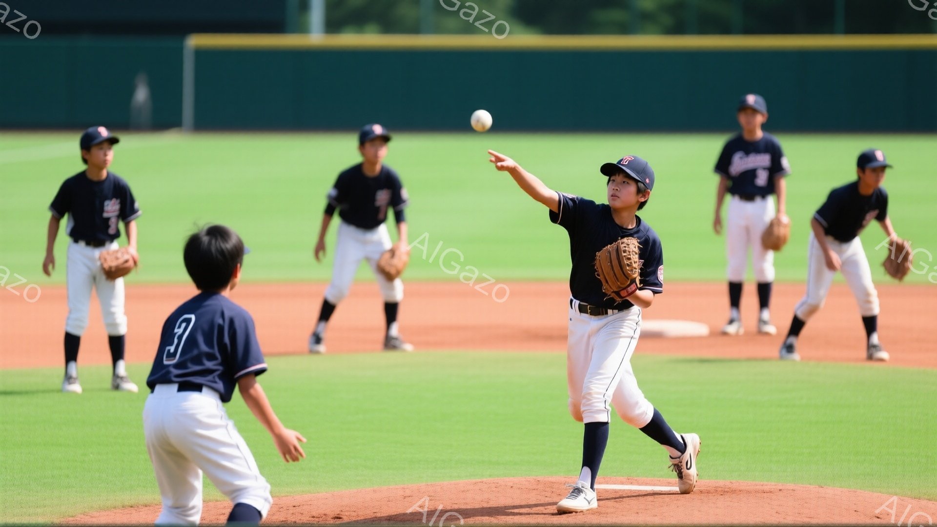 野球の試合中の少年たちの様子が写っている。青いユニフォームと帽子を着用した少年が、右手にグローブを持ち、野球のボールを投げる動作をしている。背景には緑の芝生とフェンス、そして遠くに見える木々があり、晴 - AI生成フリー素材