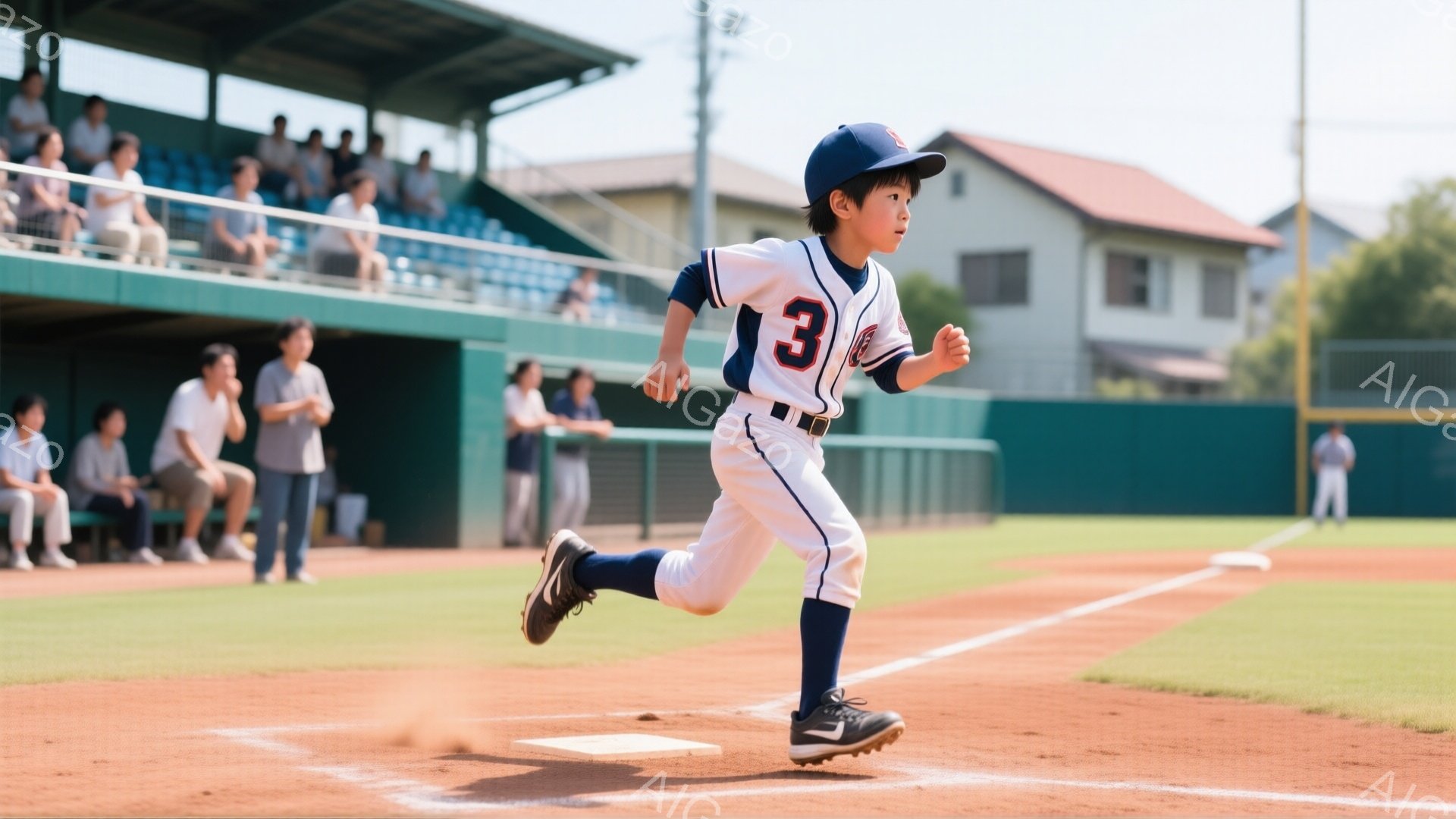 少年は野球場でベースに向かって全力疾走している。白を基調としたユニフォームには「3」の番号が大きく表示されており、黒い帽子を被っている。背景には観客席や建物が見え、晴れた空の下、活気のある試合の雰囲気 - AI生成フリー素材