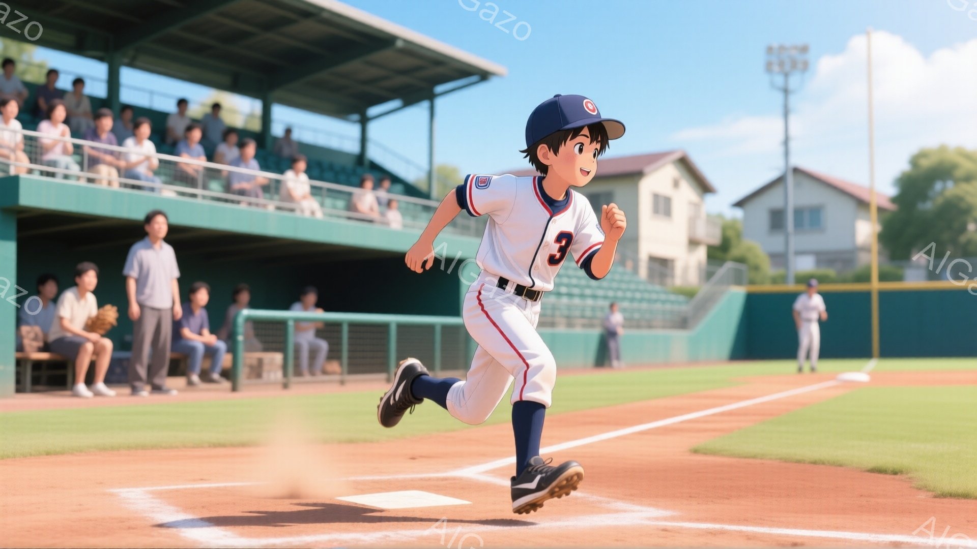 少年は野球場で走っており、白いユニフォームに黒いスパイクと帽子を身につけている。ユニフォームには「3」の番号が大きく書かれている。背景には観客席、緑の芝生、そして穏やかな青空が広がり、暖かい日差しが感 - AI生成フリー素材