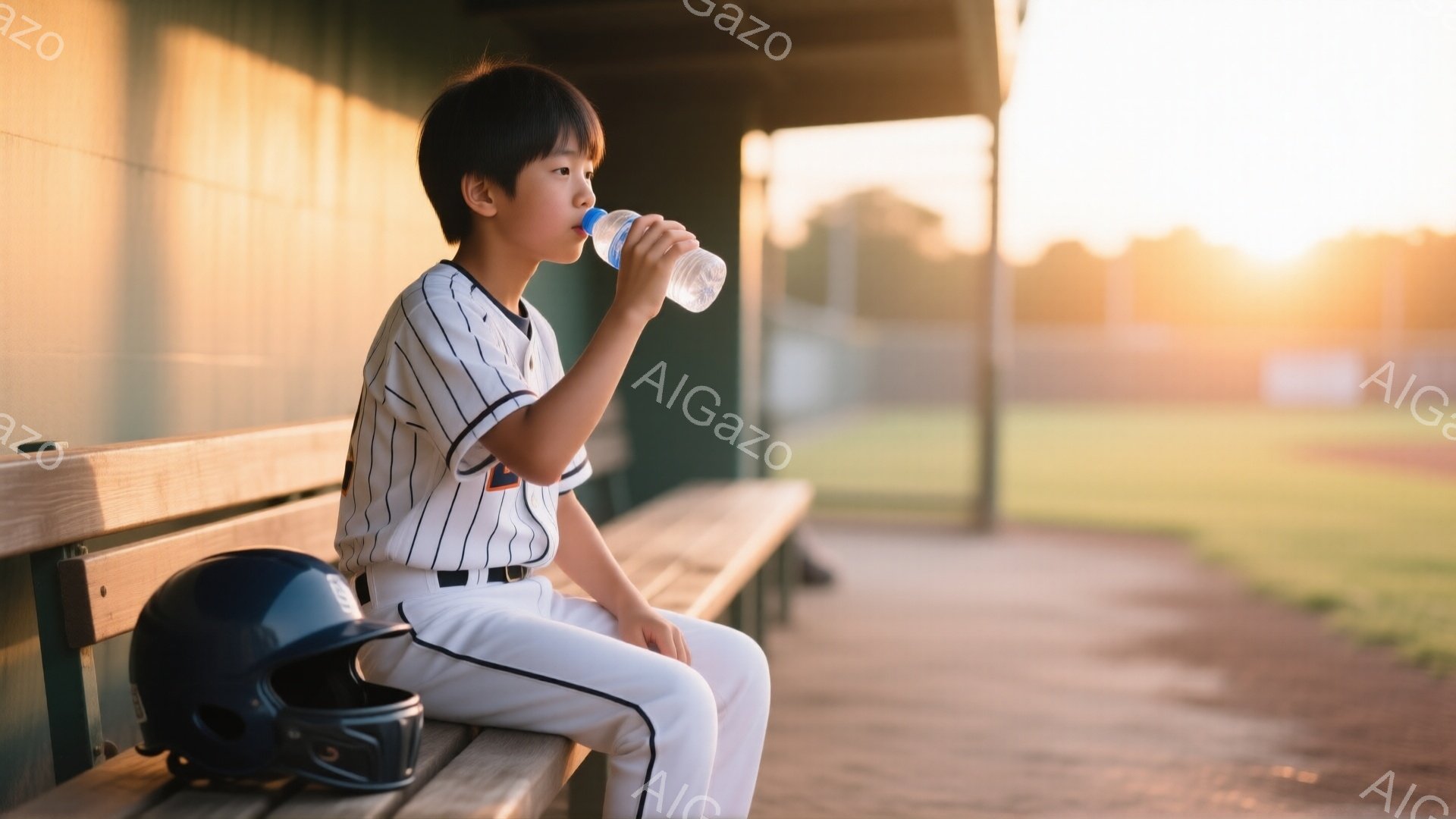 一人の少年が野球のベンチに座り、水筒から水を飲んでいます。少年は白地に黒のストライプの野球ユニフォームと白いズボンを着用し、短く整えられた黒髪をしています。背景は緑の野球場と、夕焼けのようなオレンジ色 - AI生成フリー素材