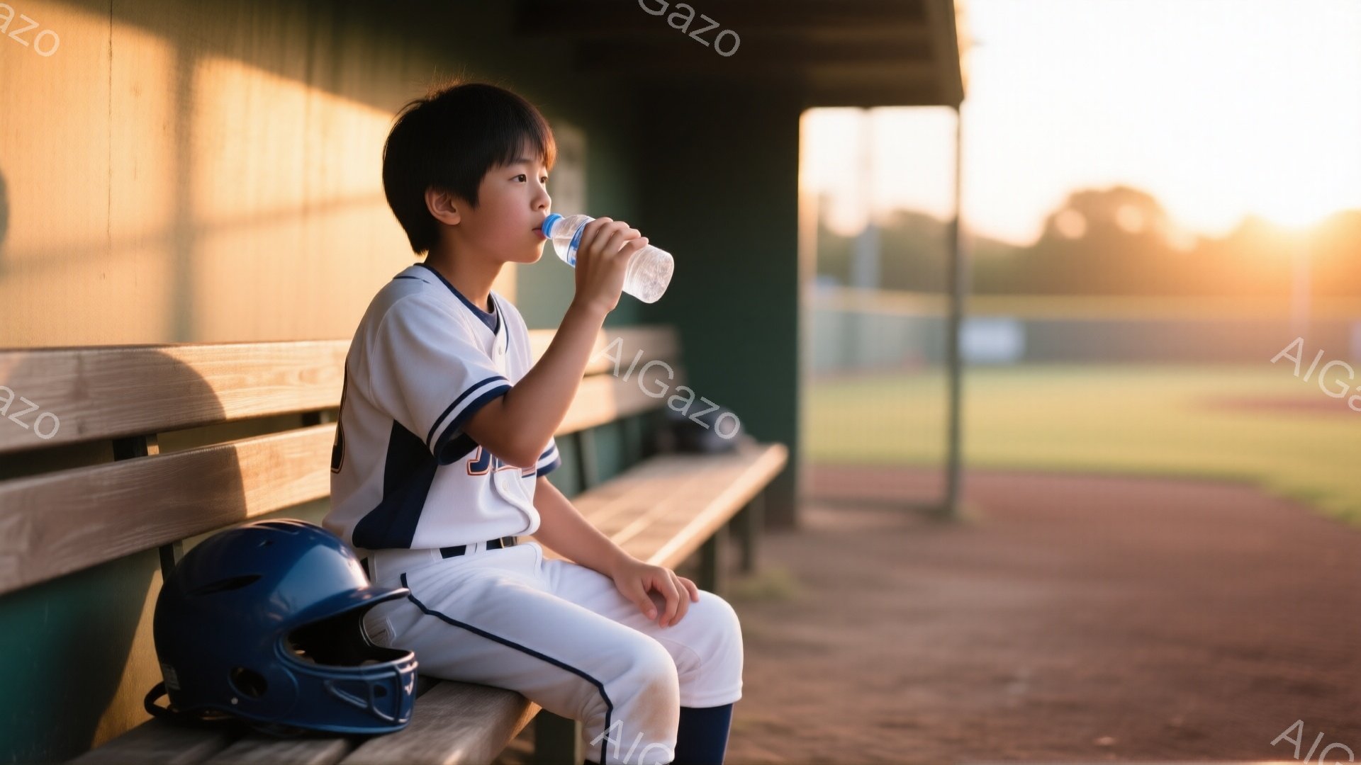 少年は野球のベンチに座り、水筒から水を飲んでいます。紺色のヘルメットが隣に置かれ、白いユニフォームと短髪が印象的です。背景には緑の野球場と夕焼けが広がり、穏やかでリラックスした雰囲気が漂っています。 - AI生成フリー素材