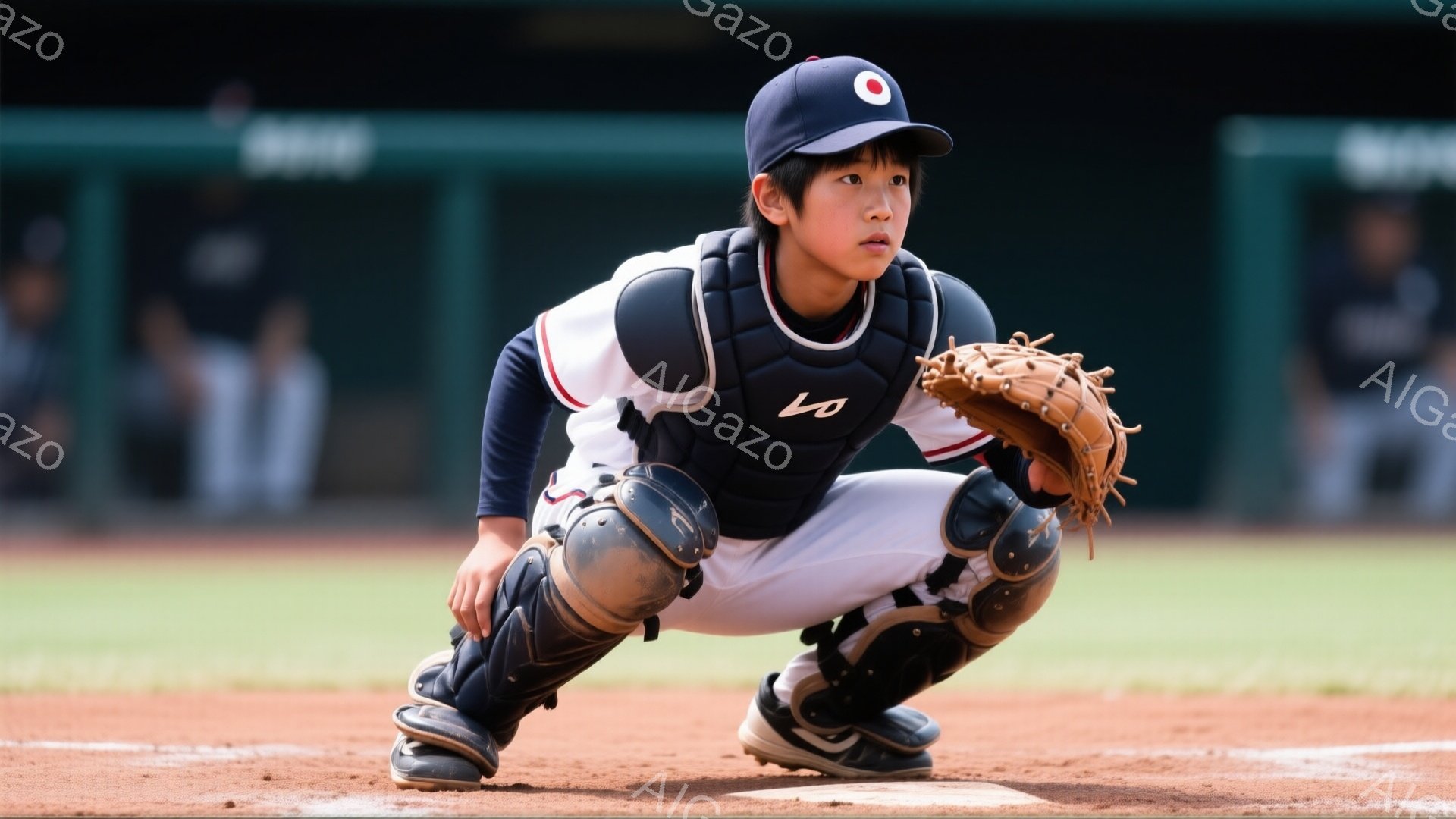 少年はキャッチャーの装備を身につけ、野球場で構えています。彼は白いユニフォームに黒と紺のヘルメット、プロテクター、レッグガードを着用し、集中した表情でボールを捕らえる準備をしています。背景にはぼやけた - AI生成フリー素材