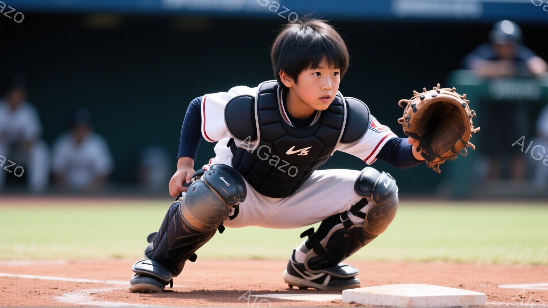 この少年は野球のキャッチャーとして、低い姿勢でホームベースの前に構えています。白のユニフォームに黒のプロテクターを身につけ、集中した表情でボールを受ける準備をしています。背景には緑の芝生と観客席が見え - AI生成フリー素材