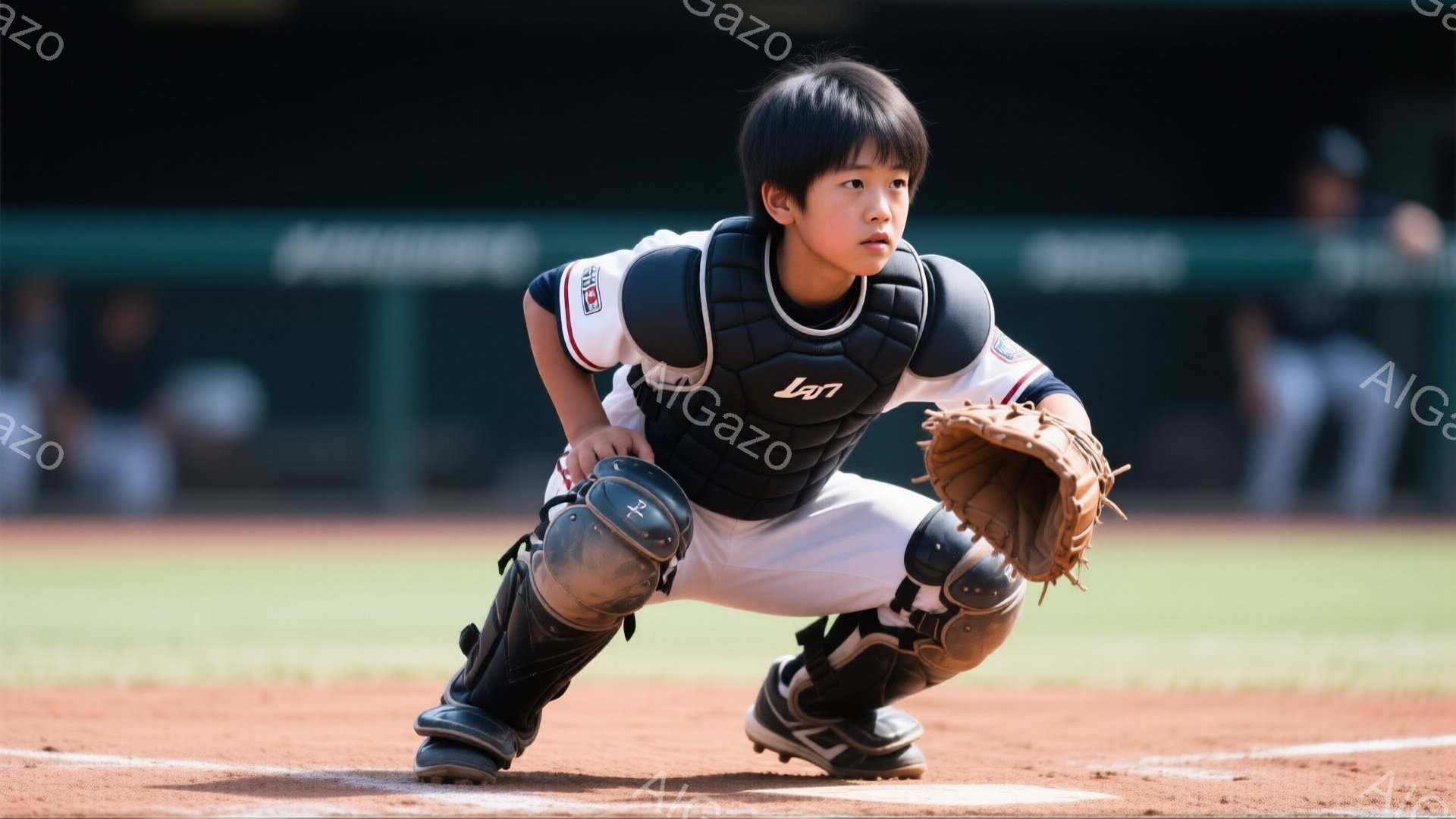 野球のキャッチャーの少年が、土のフィールドで構えています。白のユニフォームにキャッチャーのプロテクター、レッグガード、ミットを身につけ、黒髪を短く刈り込んでいます。背景には緑色の観客席が見え、晴天の下 - AI生成フリー素材