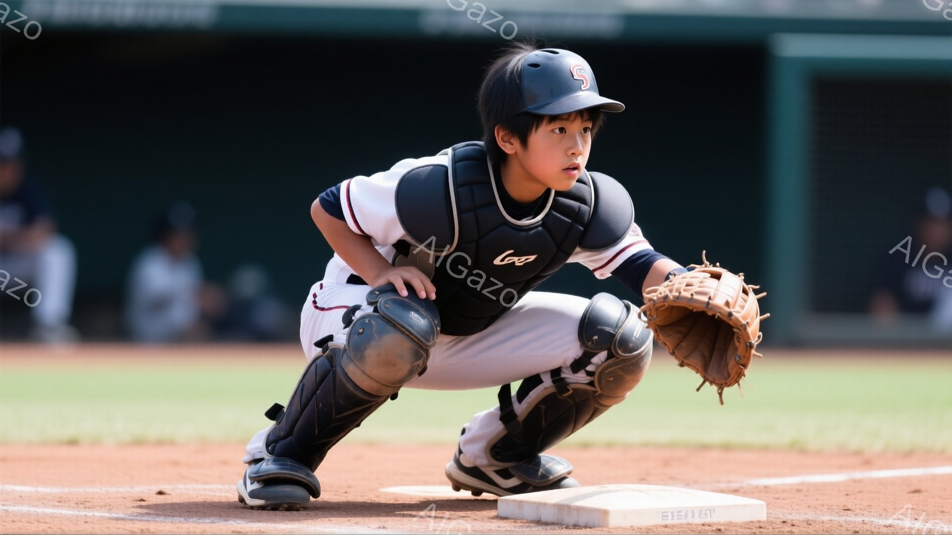 少年は野球のキャッチャーとして、構えの姿勢をとっている。白いユニフォームに黒と青のプロテクターを装着し、膝を曲げて集中した表情でボールを待っている。背景には緑の芝生と観客席が見え、晴れた日の野球場の活 - AI生成フリー素材