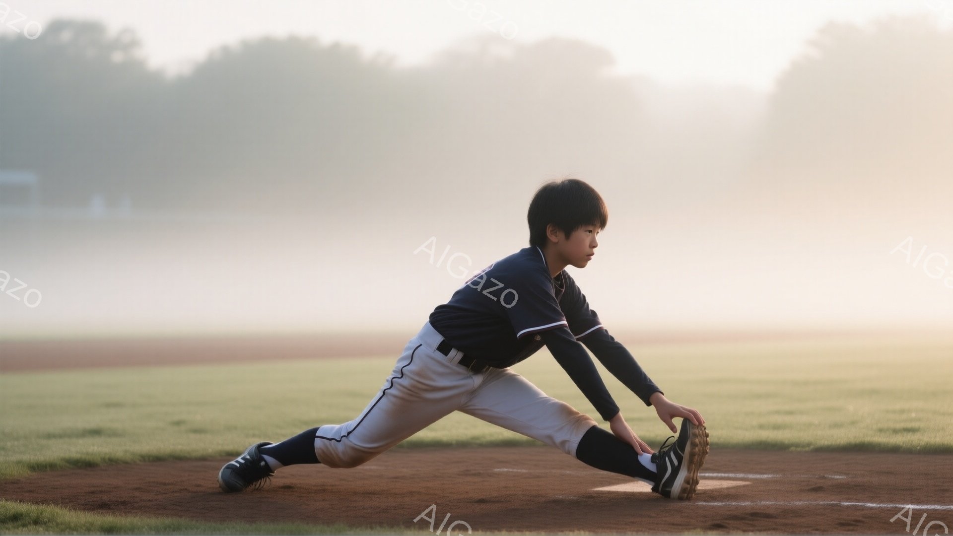 野球少年が土のグラウンドでストレッチをしている。紺色のユニフォームと白いズボンを着用し、黒髪を短く切っている。背景には緑の芝生と朝靄が広がり、遠くに建物が見える穏やかな雰囲気である。