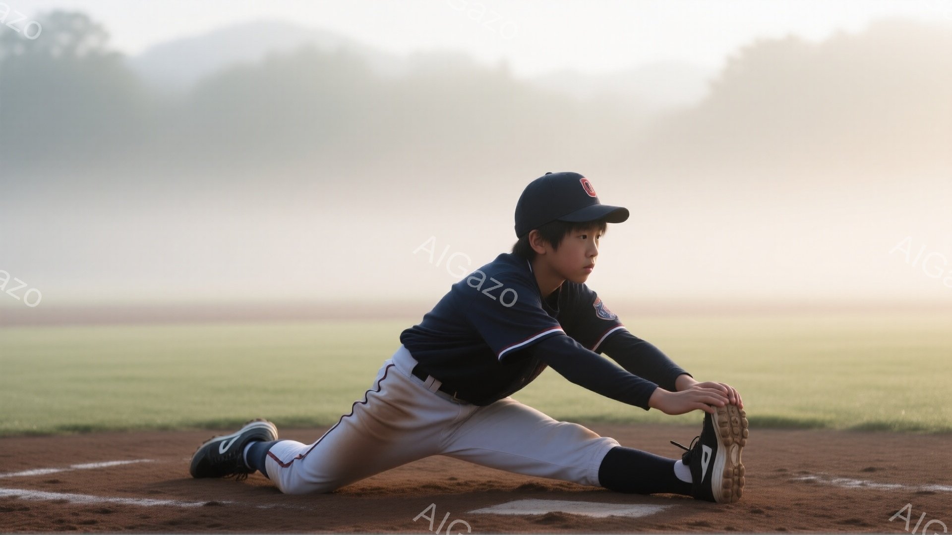 少年は野球場でストレッチをしている。紺色のユニフォーム、白いズボン、赤いラインが入った靴下とスパイクを履いている。背景には緑の草地が広がり、朝靄がかかっているため、全体的に柔らかく静かな雰囲気が漂っている。
