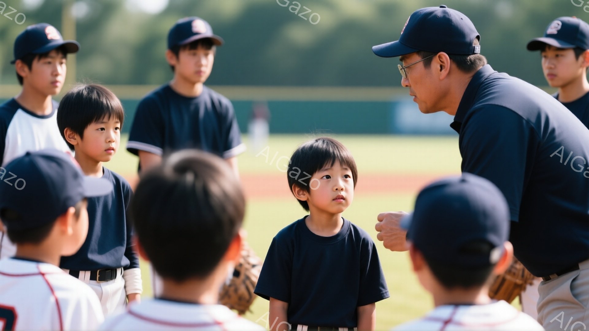 野球帽とユニフォームを着た少年たちが、コーチらしき男性に囲まれている。少年たちは真剣な表情でコーチの話を聞いており、特に中央の少年は少し不安げな顔をしている。背景には緑豊かな野球場が広がり、晴天の下、 - AI生成フリー素材