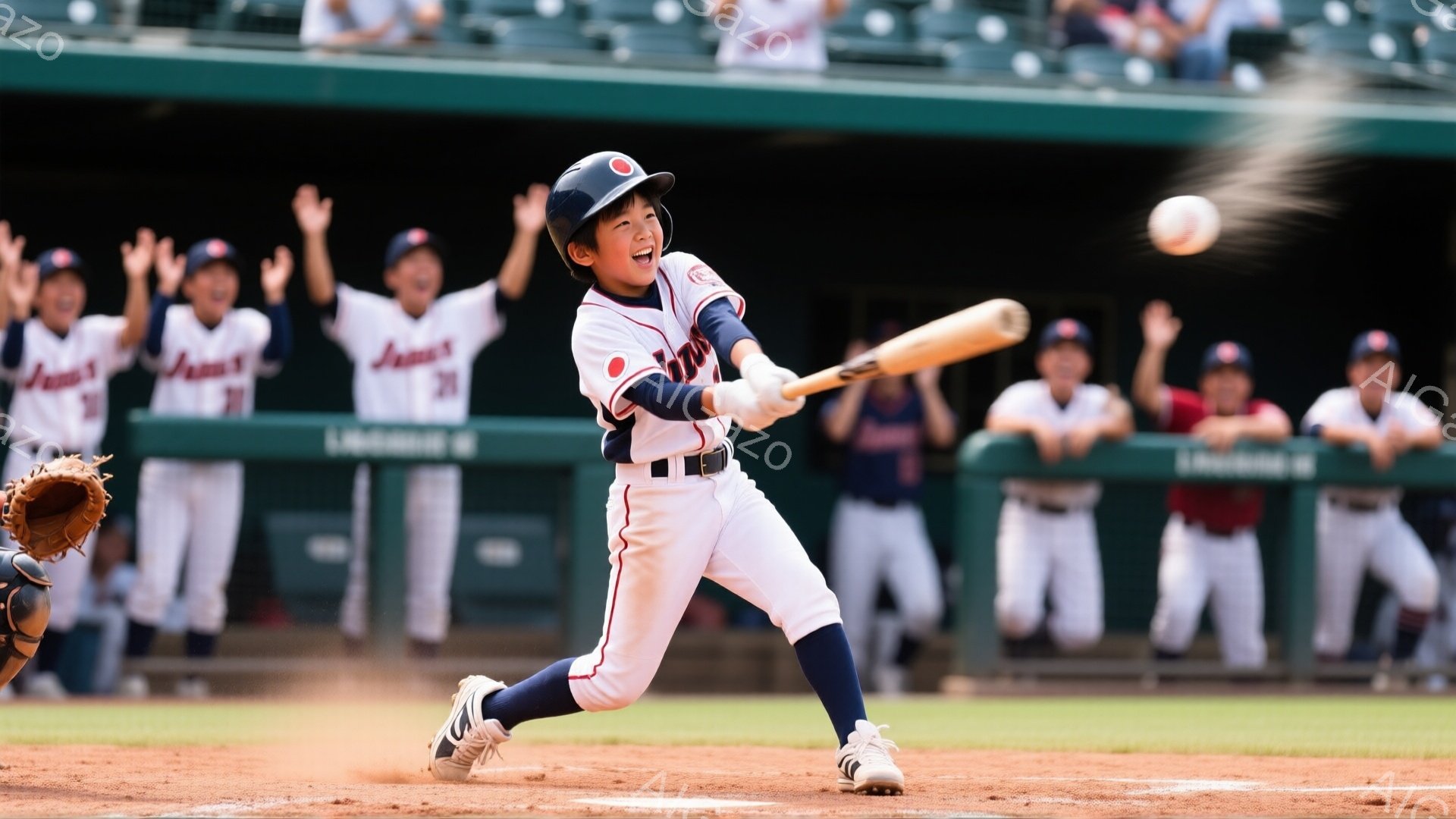 野球場でバッターボックスに立つ少年が、力強くスイングしている様子が捉えられています。少年は紺と赤のストライプのユニフォーム、帽子を被り、集中した表情でバットを振りかぶっています。背景にはチームメイトが - AI生成フリー素材