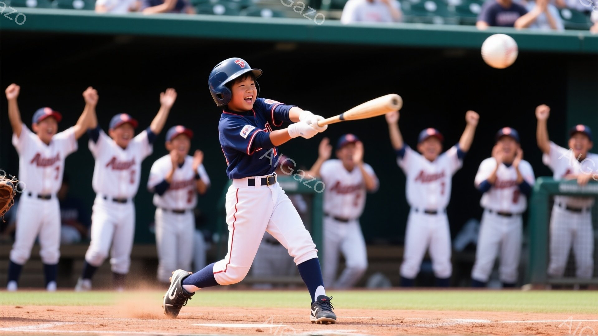 野球の試合中の少年が打撃をしている写真です。少年は濃い青と赤のストライプのユニフォーム、ヘルメット、スパイクを着用し、力強くバットを振っています。背景にはチームメイトが両手を上げて応援しており、青空と緑のグラウンドが広がっています。
