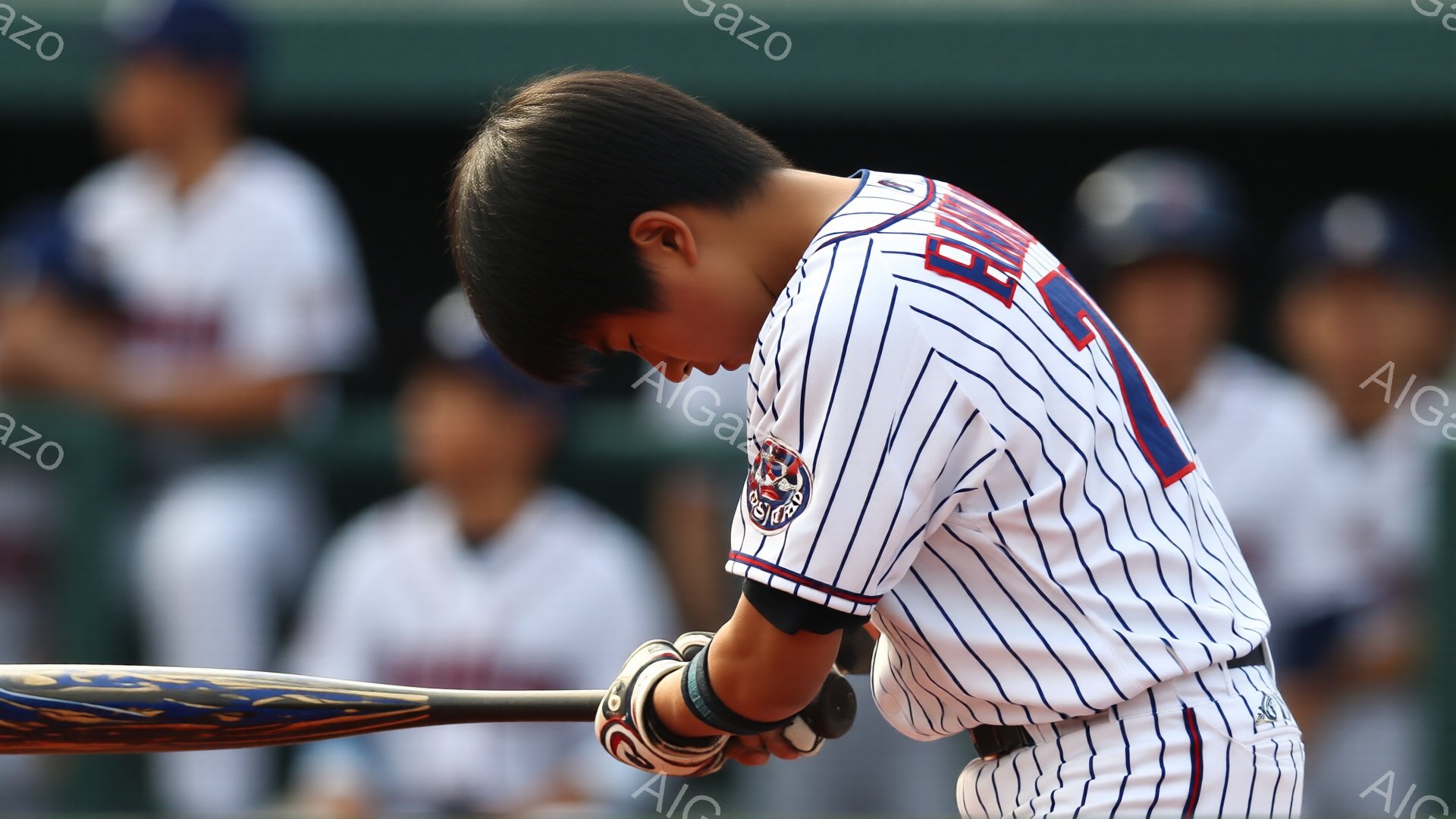 少年の野球選手がバットを握り、集中した表情で下を向いている。ストライプのユニフォームとキャップを着用し、左手にはリストバンドをつけている。背景には他の選手たちがぼやけて写り、野球場であることがわかる。 - AI生成フリー素材