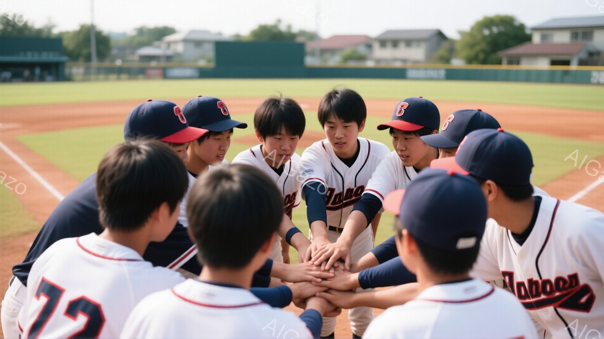 少年野球チームのメンバーが円陣を組み、互いの手を重ねています。彼らは皆、紺色の帽子と白地に赤いラインが入ったユニフォームを着ており、髪型は短髪です。背景には緑の野球場と遠くの建物が見え、天候は晴れで明 - AI生成フリー素材