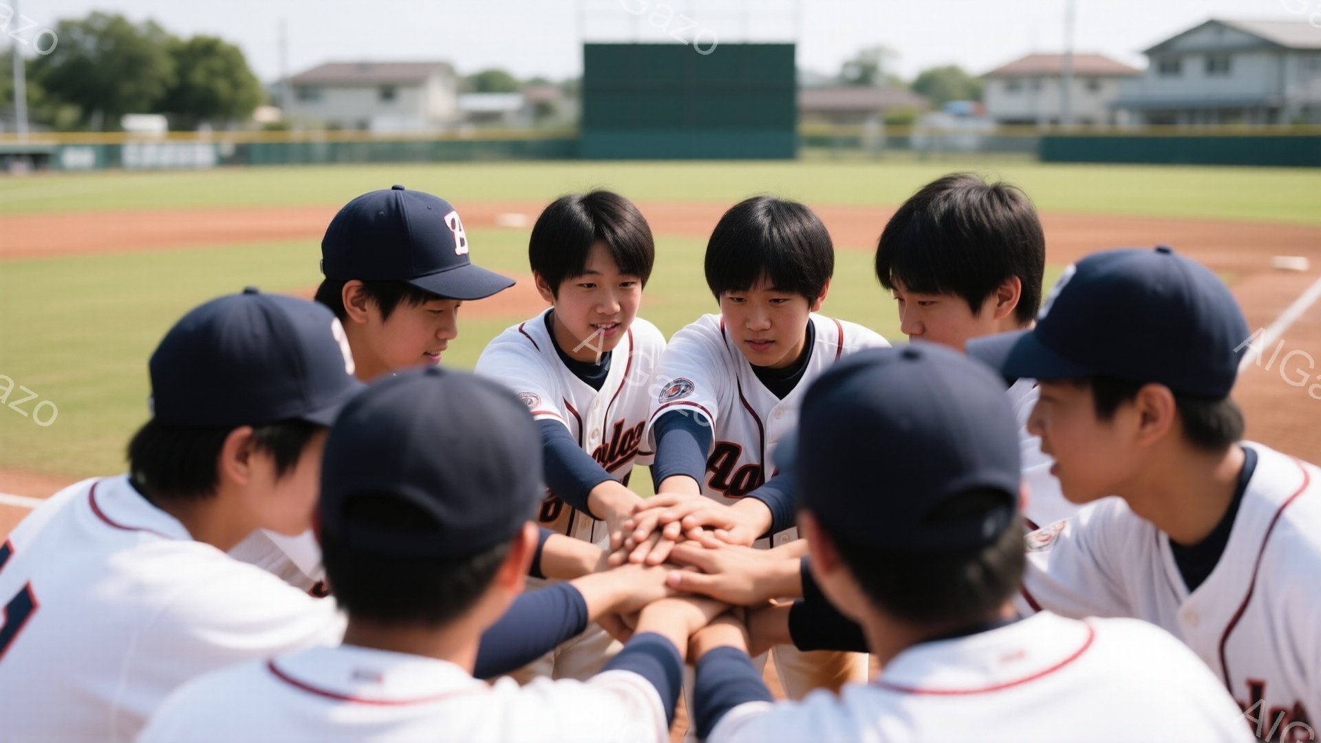 少年野球チームの選手たちが円になって手をつないでいる。彼らは皆、白いユニフォームと紺色の帽子を着用し、顔には決意と活気に満ちた表情が見られる。背景には緑の野球場、観客席、そして晴れた空と建物が広がり、 - AI生成フリー素材