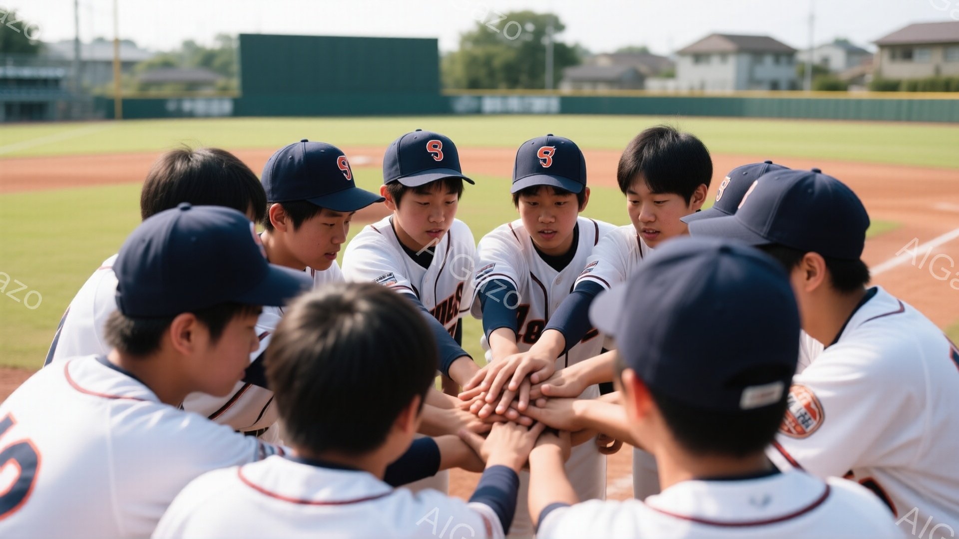 紺色の野球帽をかぶり、白いユニフォームを着た少年たちが円になって手をつないでいる。彼らは皆、真剣な表情で下を向いており、チームの一体感と集中力を表している。背景には緑の野球場、観客席、そして晴れた空の - AI生成フリー素材